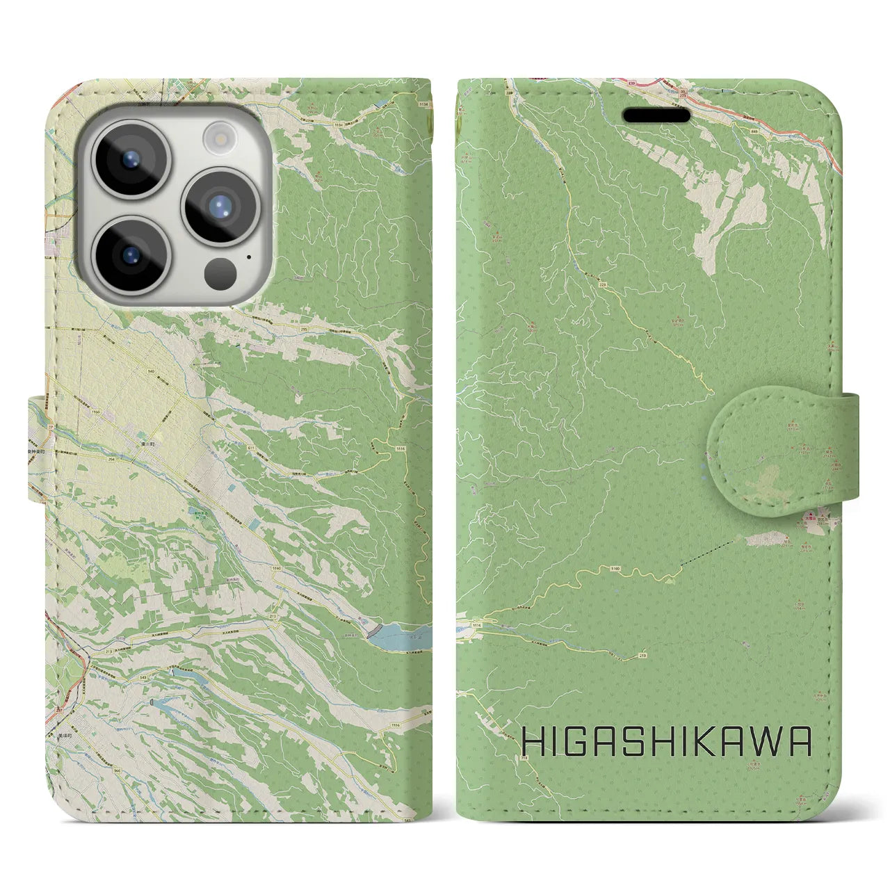 【東川(北海道)】地図柄iPhoneケース(手帳タイプ)ナチュラル・iPhone 15 Pro 用