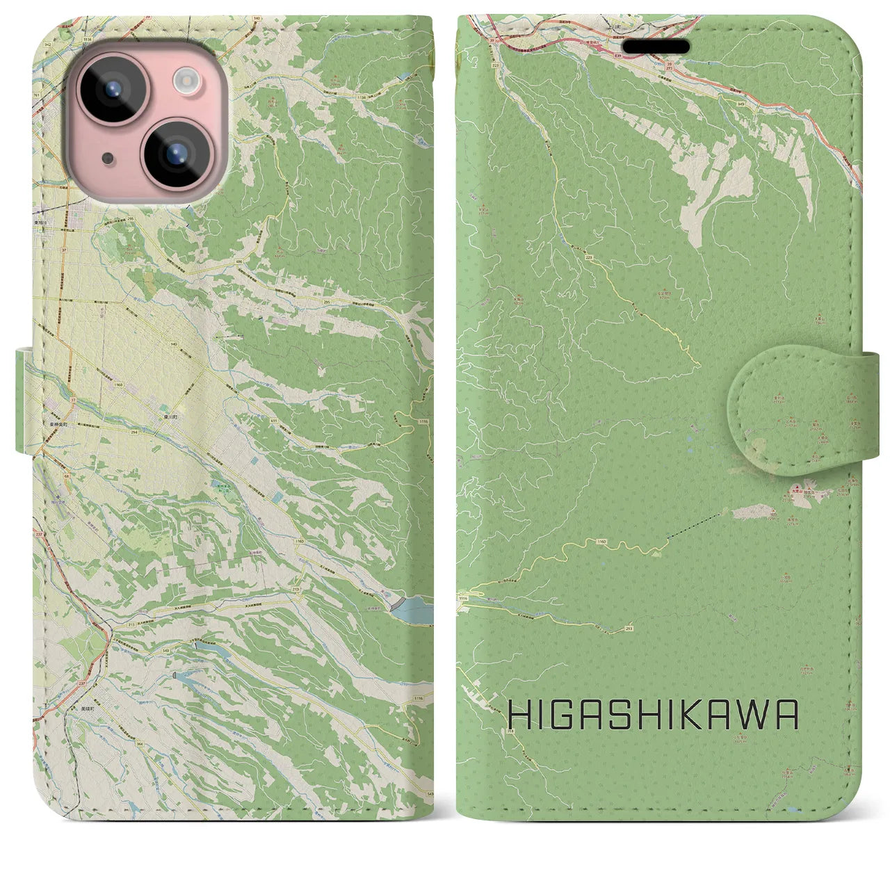 【東川(北海道)】地図柄iPhoneケース(手帳タイプ)ナチュラル・iPhone 15 Plus 用