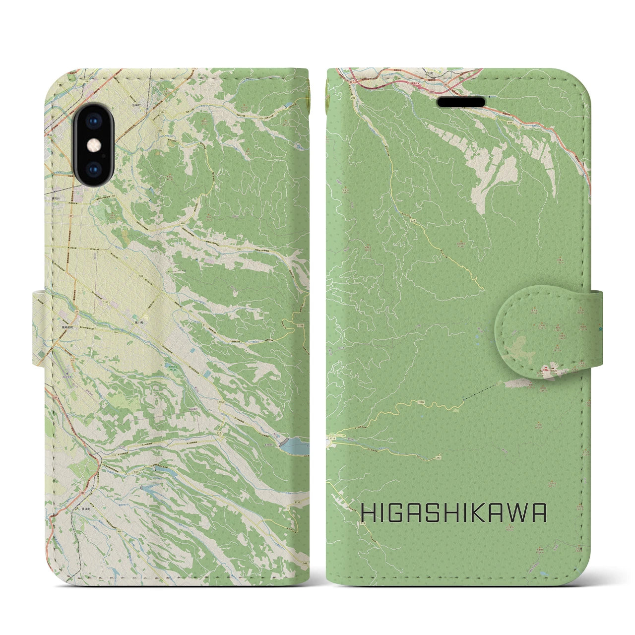 【東川(北海道)】地図柄iPhoneケース(手帳タイプ)ナチュラル・iPhone XS / X 用