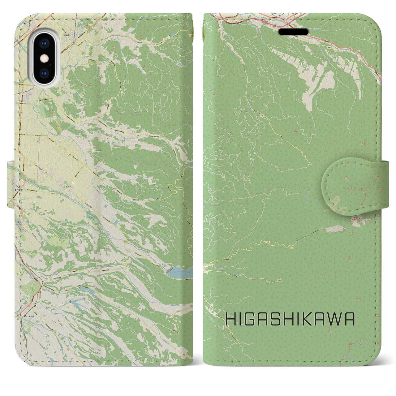 【東川(北海道)】地図柄iPhoneケース(手帳タイプ)ナチュラル・iPhone XS Max 用