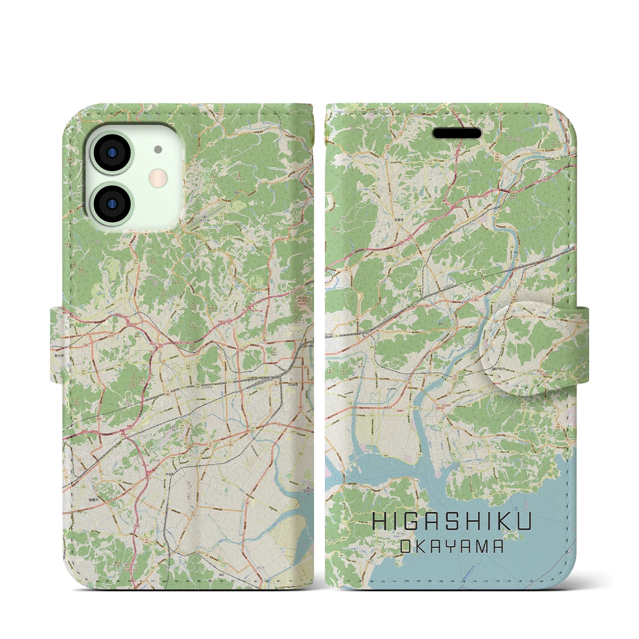 【東区(岡山市)】地図柄iPhoneケース(手帳タイプ)ナチュラル・iPhone 12 mini 用