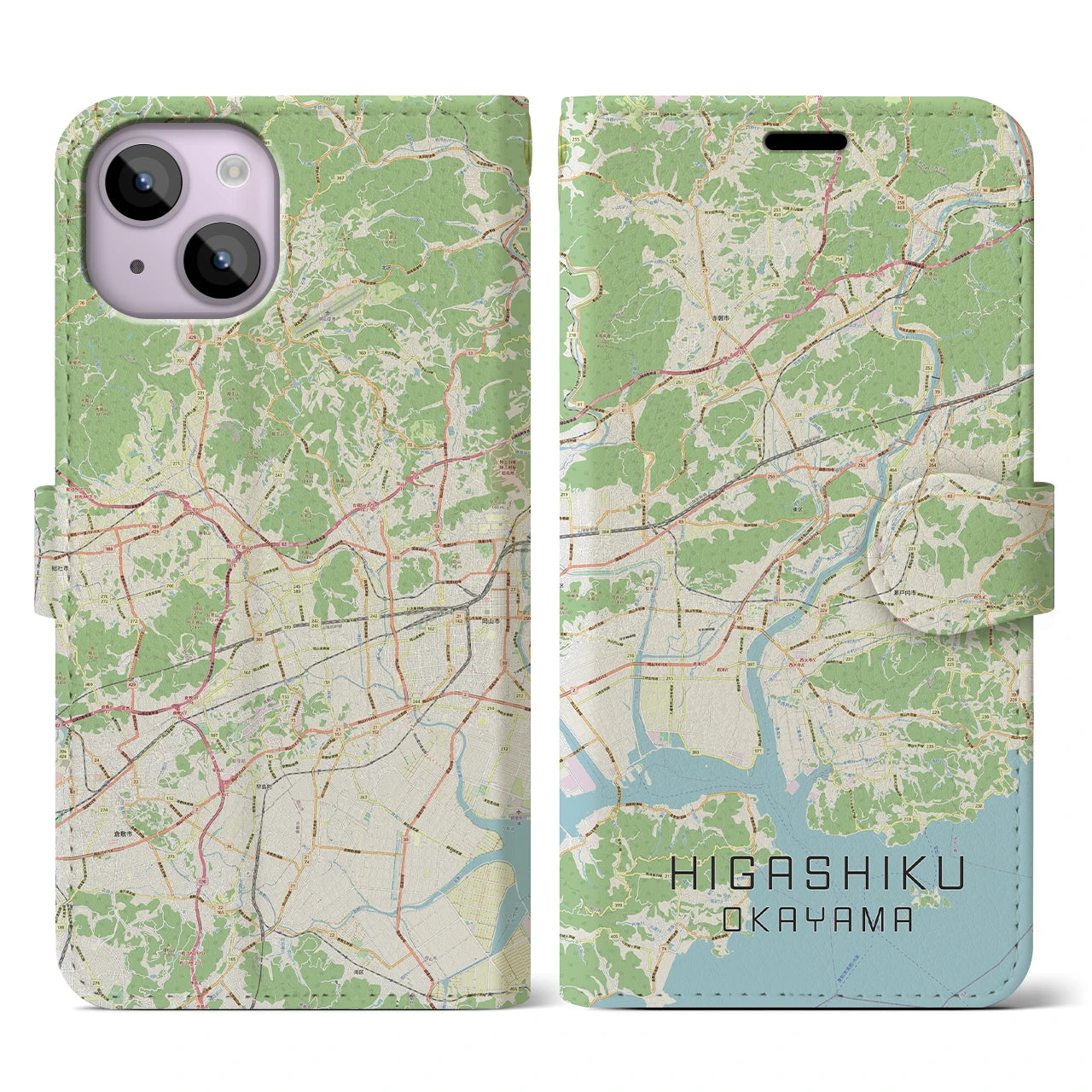 【東区(岡山市)】地図柄iPhoneケース(手帳タイプ)ナチュラル・iPhone 14 用