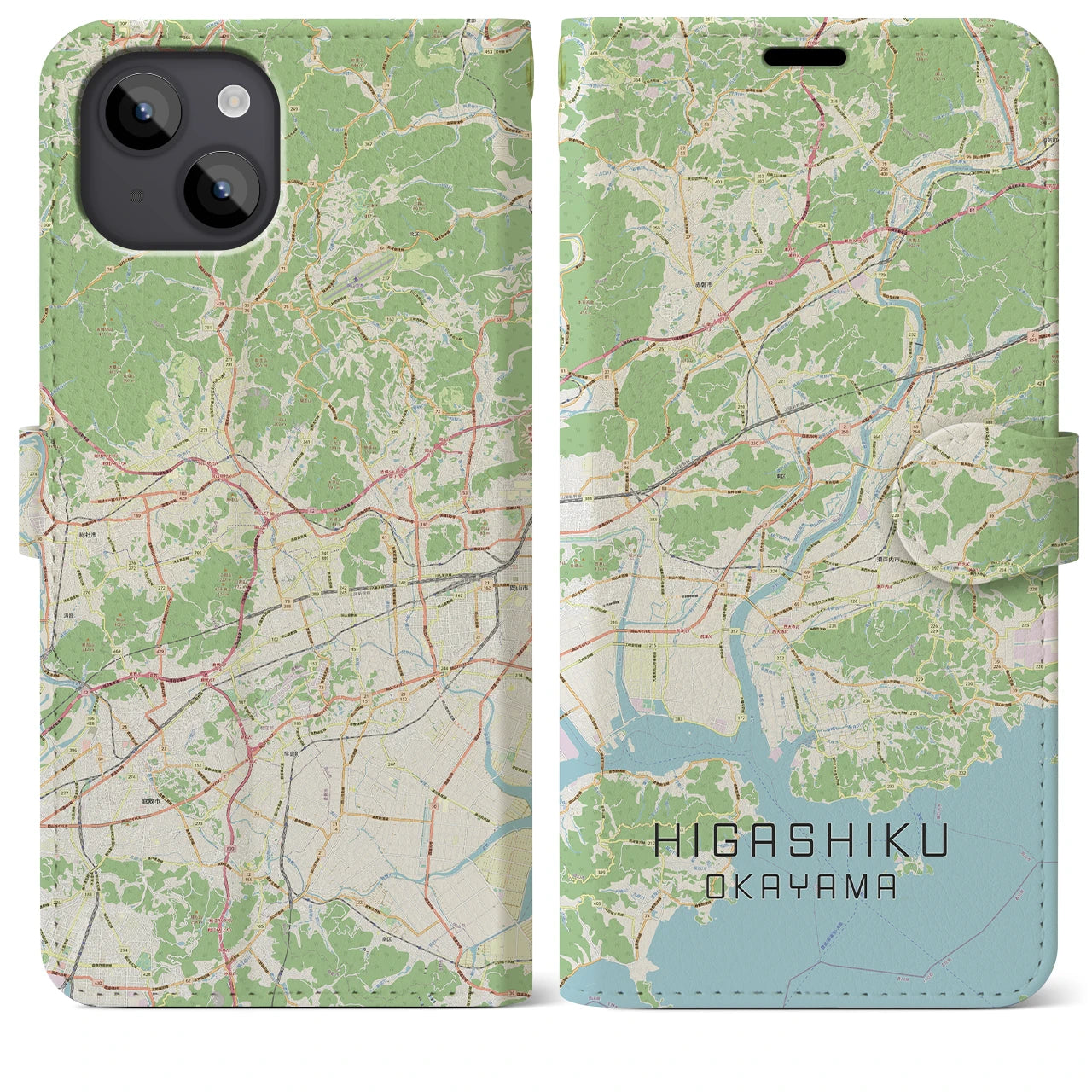 【東区(岡山市)】地図柄iPhoneケース(手帳タイプ)ナチュラル・iPhone 14 Plus 用