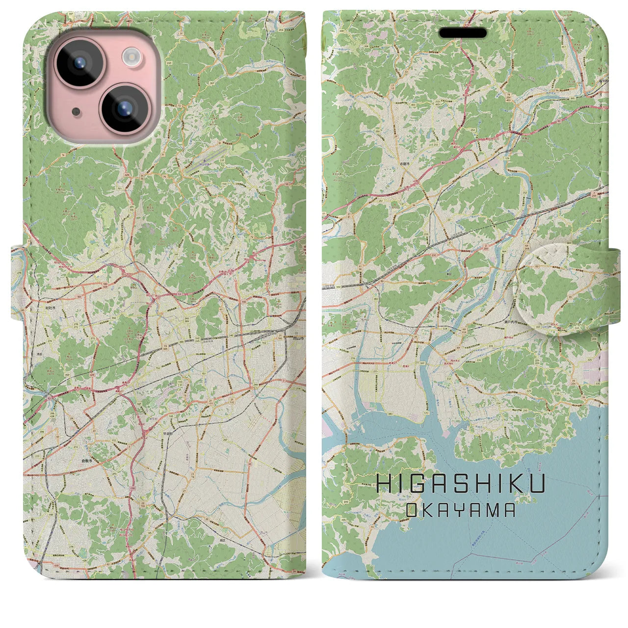 【東区(岡山市)】地図柄iPhoneケース(手帳タイプ)ナチュラル・iPhone 15 Plus 用