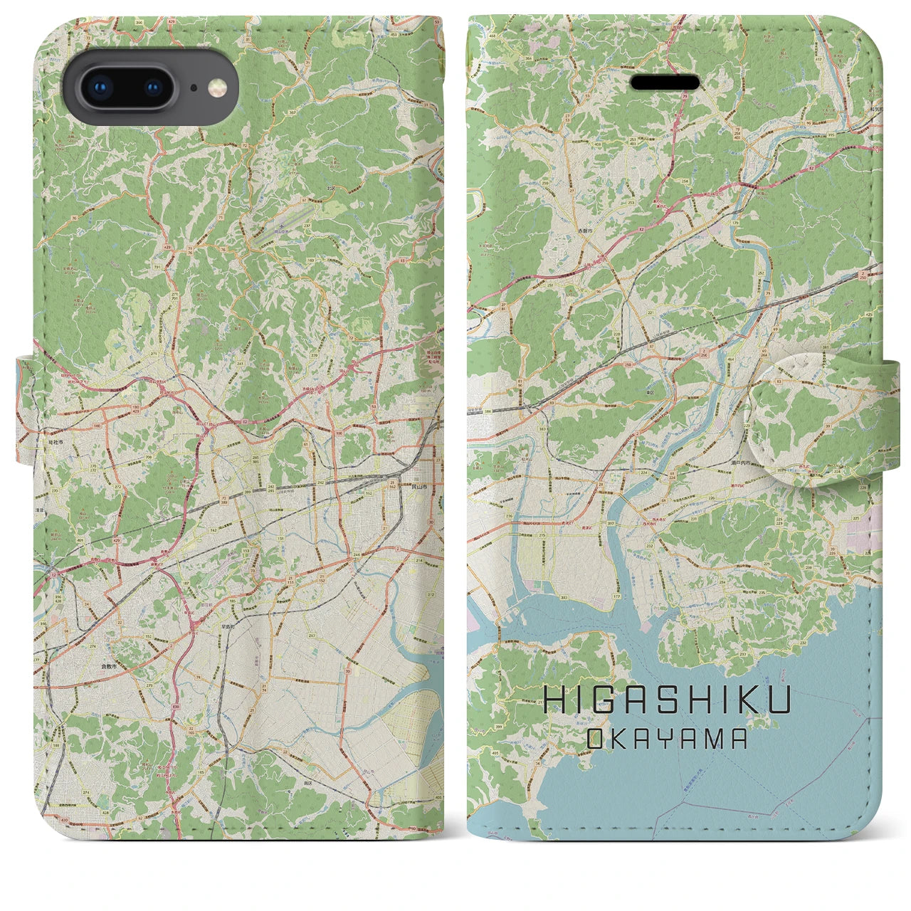 【東区(岡山市)】地図柄iPhoneケース(手帳タイプ)ナチュラル・iPhone 8Plus /7Plus / 6sPlus / 6Plus 用