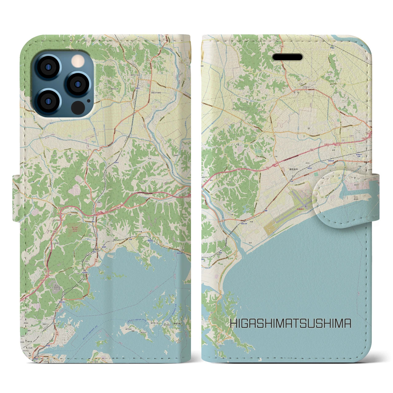 【東松島(宮城県)】地図柄iPhoneケース(手帳タイプ)ナチュラル・iPhone 12 / 12 Pro 用
