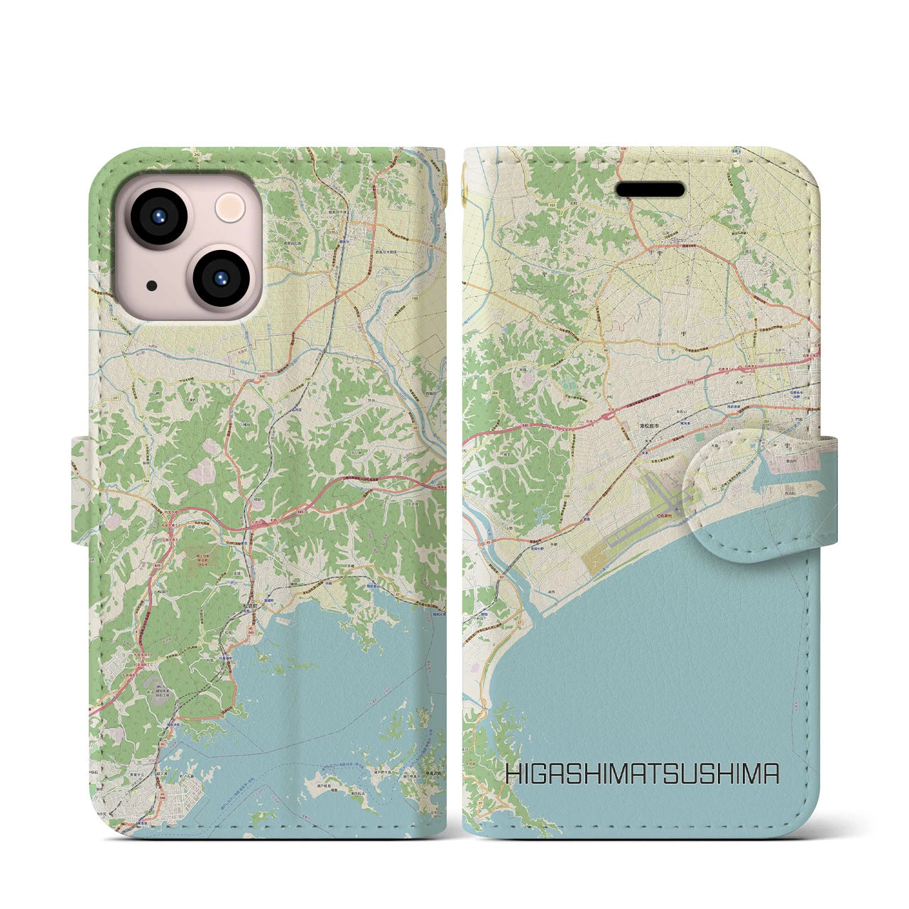 【東松島(宮城県)】地図柄iPhoneケース(手帳タイプ)ナチュラル・iPhone 13 mini 用