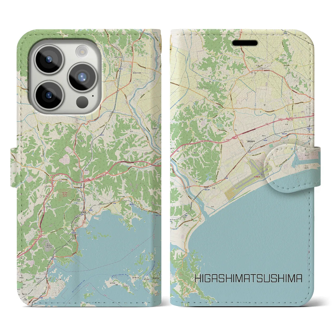 【東松島(宮城県)】地図柄iPhoneケース(手帳タイプ)ナチュラル・iPhone 15 Pro 用