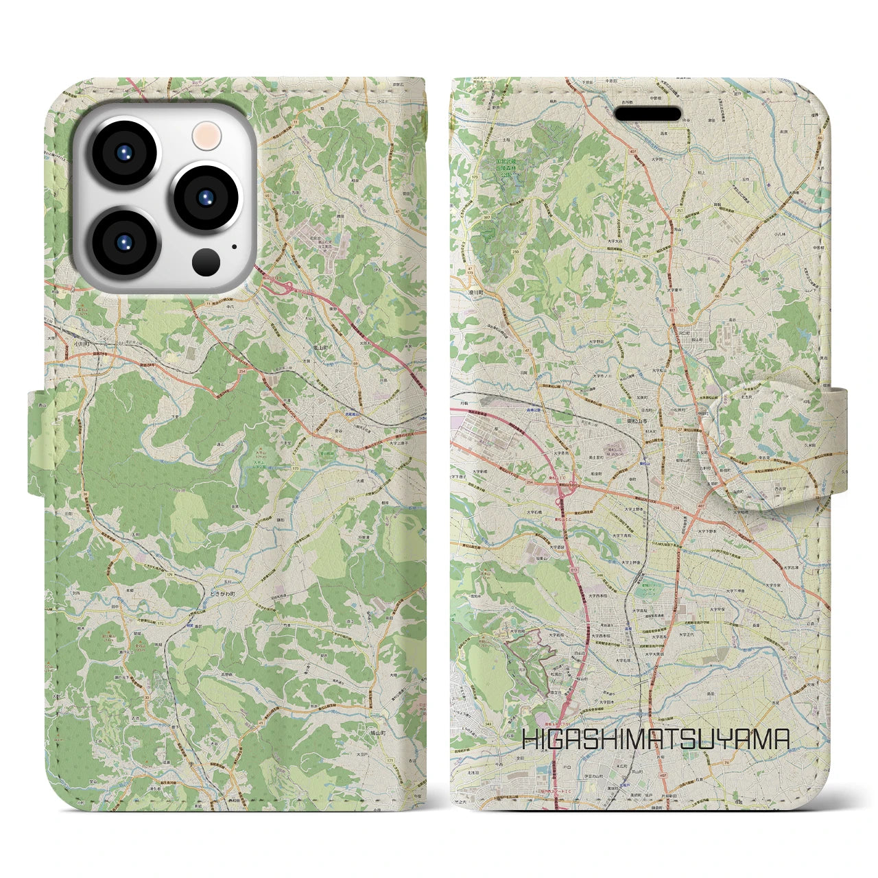 【東松山(埼玉県)】地図柄iPhoneケース(手帳タイプ)ナチュラル・iPhone 13 Pro 用