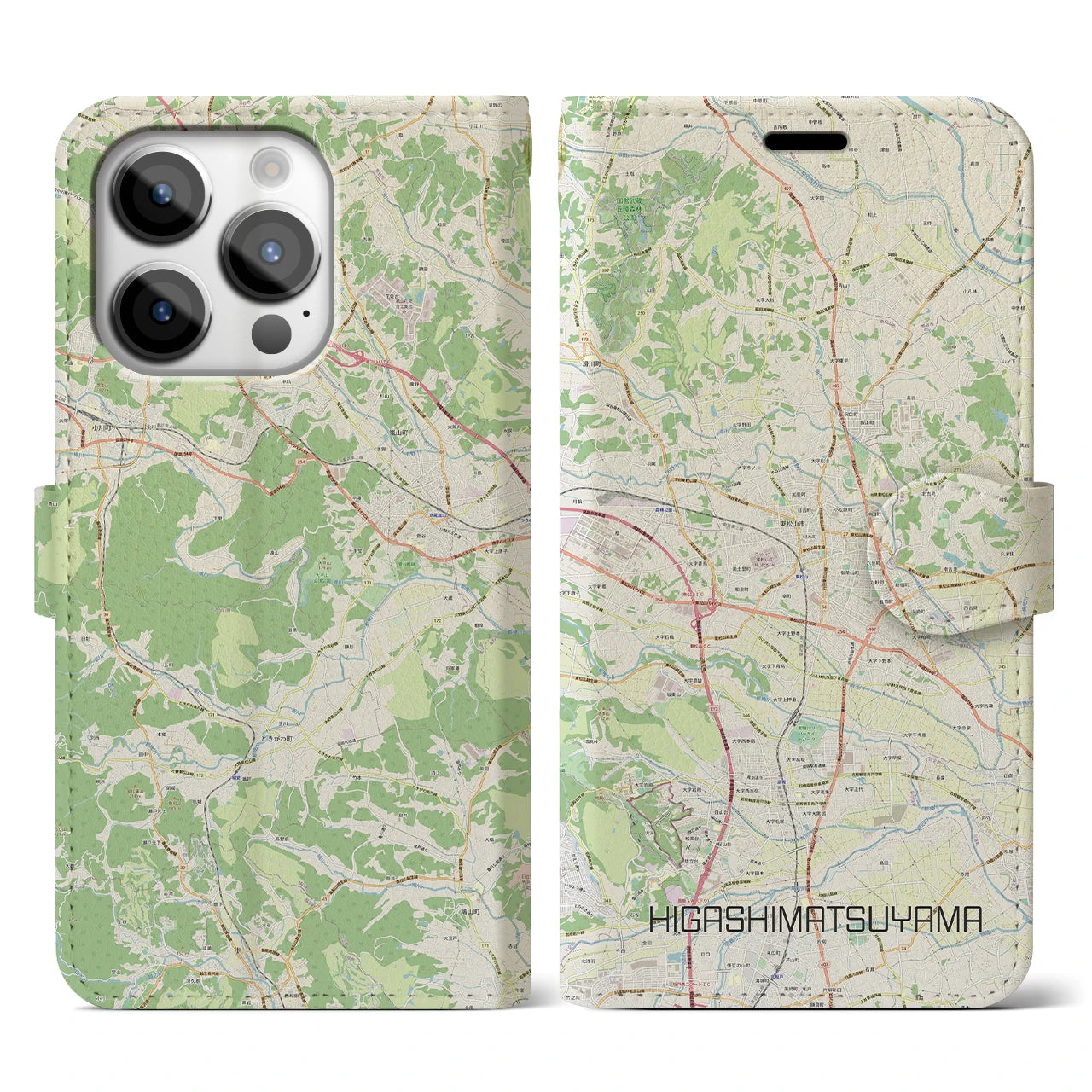 【東松山(埼玉県)】地図柄iPhoneケース(手帳タイプ)ナチュラル・iPhone 14 Pro 用