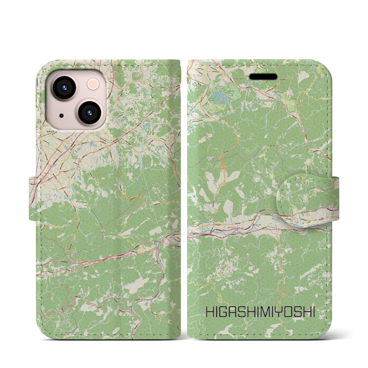 【東みよし(徳島県)】地図柄iPhoneケース(手帳タイプ)ナチュラル・iPhone 13 mini 用