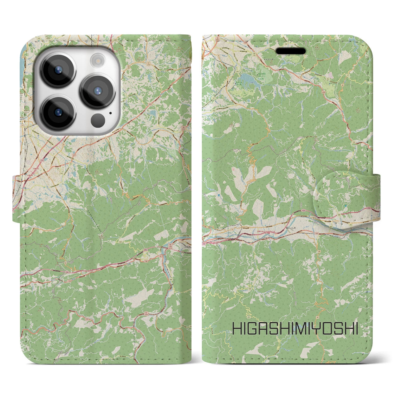 【東みよし(徳島県)】地図柄iPhoneケース(手帳タイプ)ナチュラル・iPhone 14 Pro 用