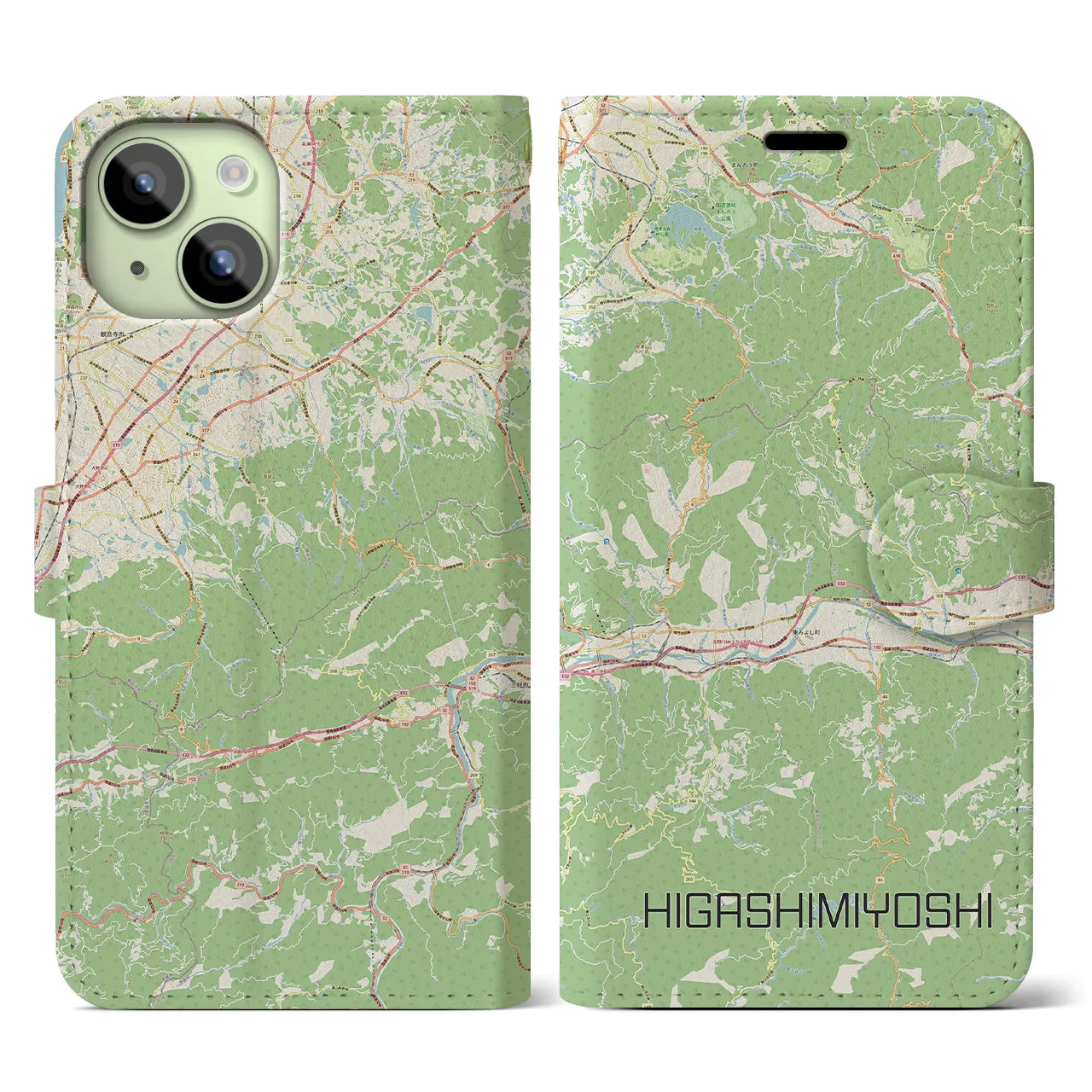 【東みよし(徳島県)】地図柄iPhoneケース(手帳タイプ)ナチュラル・iPhone 15 用