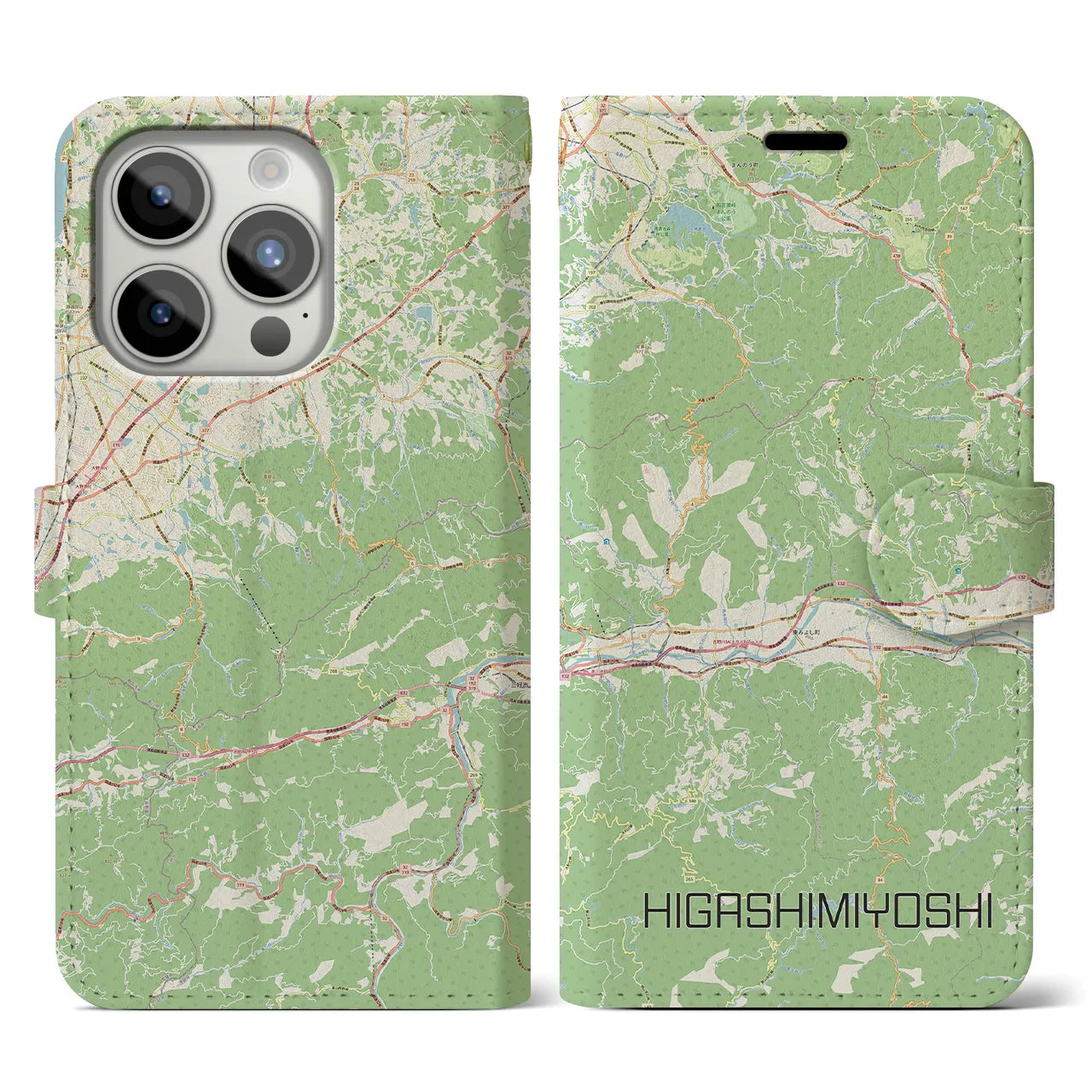 【東みよし(徳島県)】地図柄iPhoneケース(手帳タイプ)ナチュラル・iPhone 15 Pro 用