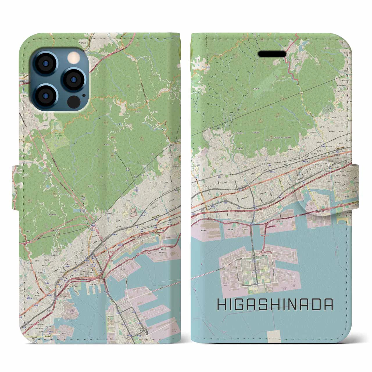 【東灘(兵庫県)】地図柄iPhoneケース(手帳タイプ)ナチュラル・iPhone 12 / 12 Pro 用