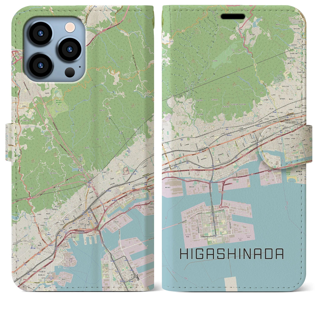 【東灘(兵庫県)】地図柄iPhoneケース(手帳タイプ)ナチュラル・iPhone 13 Pro Max 用