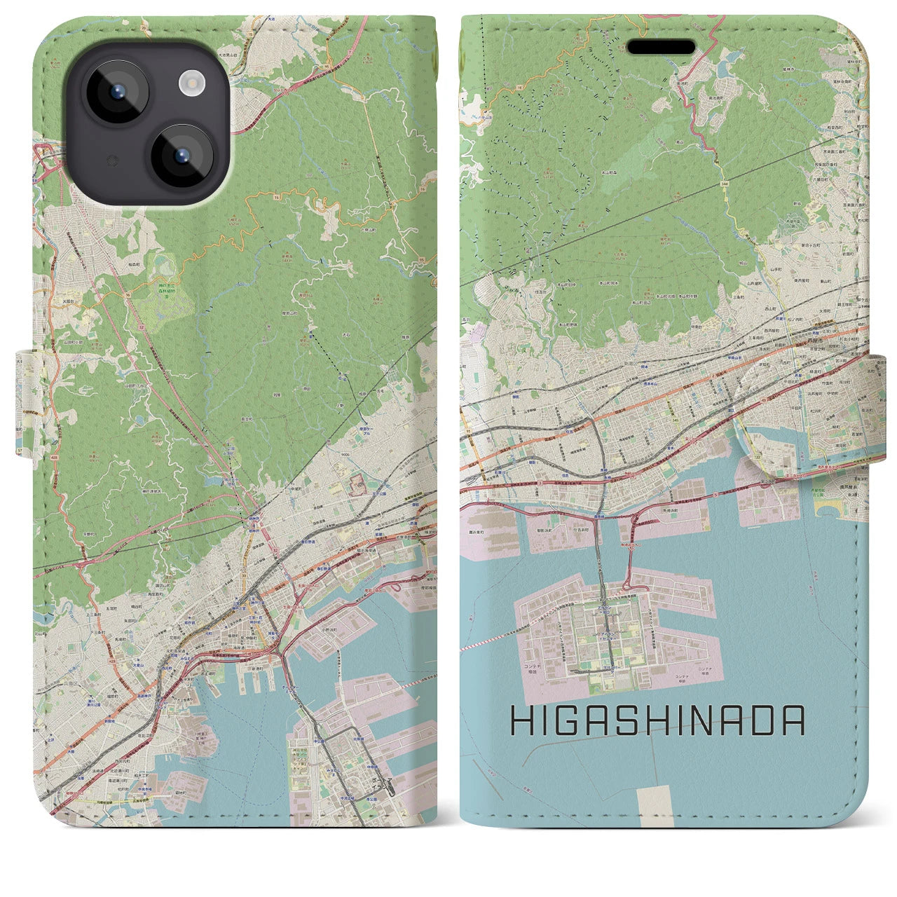 【東灘(兵庫県)】地図柄iPhoneケース(手帳タイプ)ナチュラル・iPhone 14 Plus 用