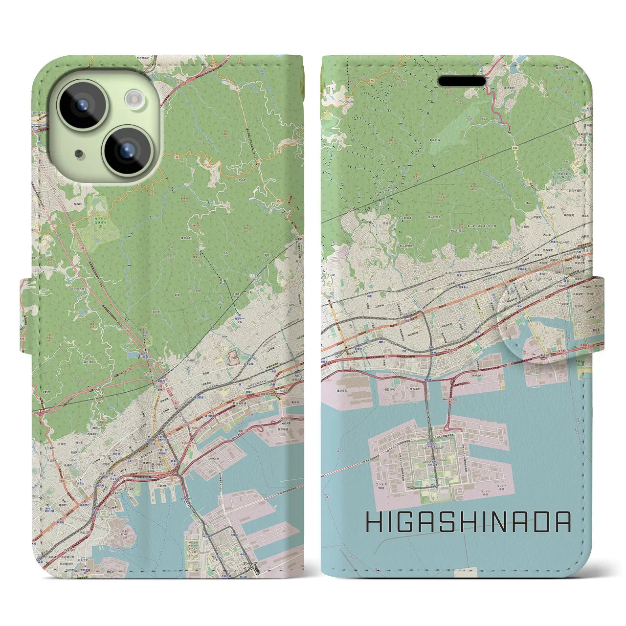 【東灘(兵庫県)】地図柄iPhoneケース(手帳タイプ)ナチュラル・iPhone 15 用
