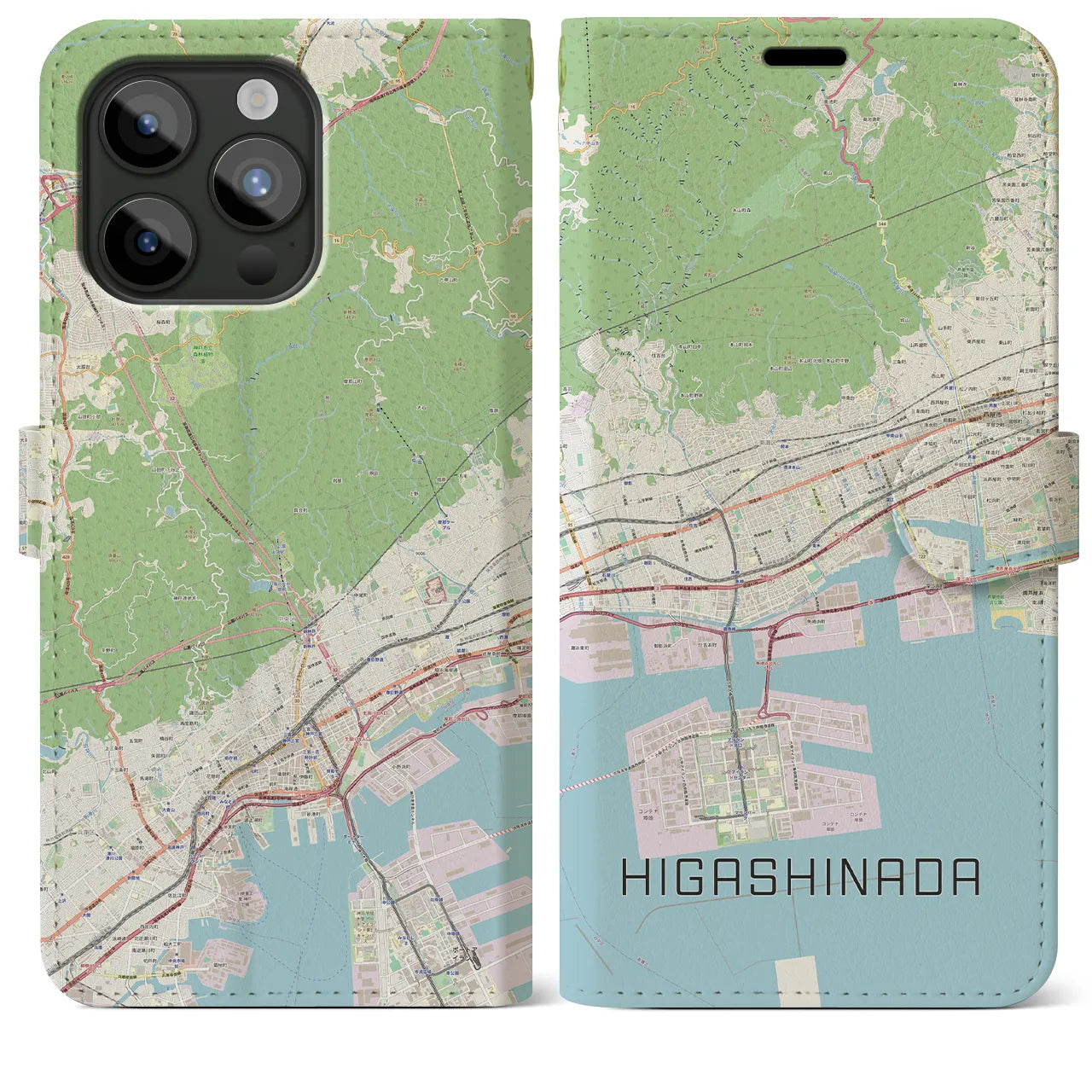 【東灘(兵庫県)】地図柄iPhoneケース(手帳タイプ)ナチュラル・iPhone 15 Pro Max 用
