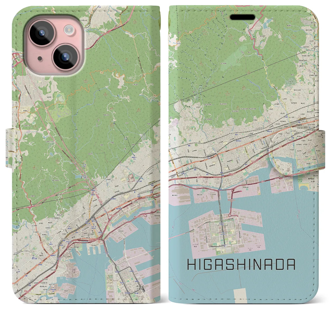 【東灘(兵庫県)】地図柄iPhoneケース(手帳タイプ)ナチュラル・iPhone 15 Plus 用