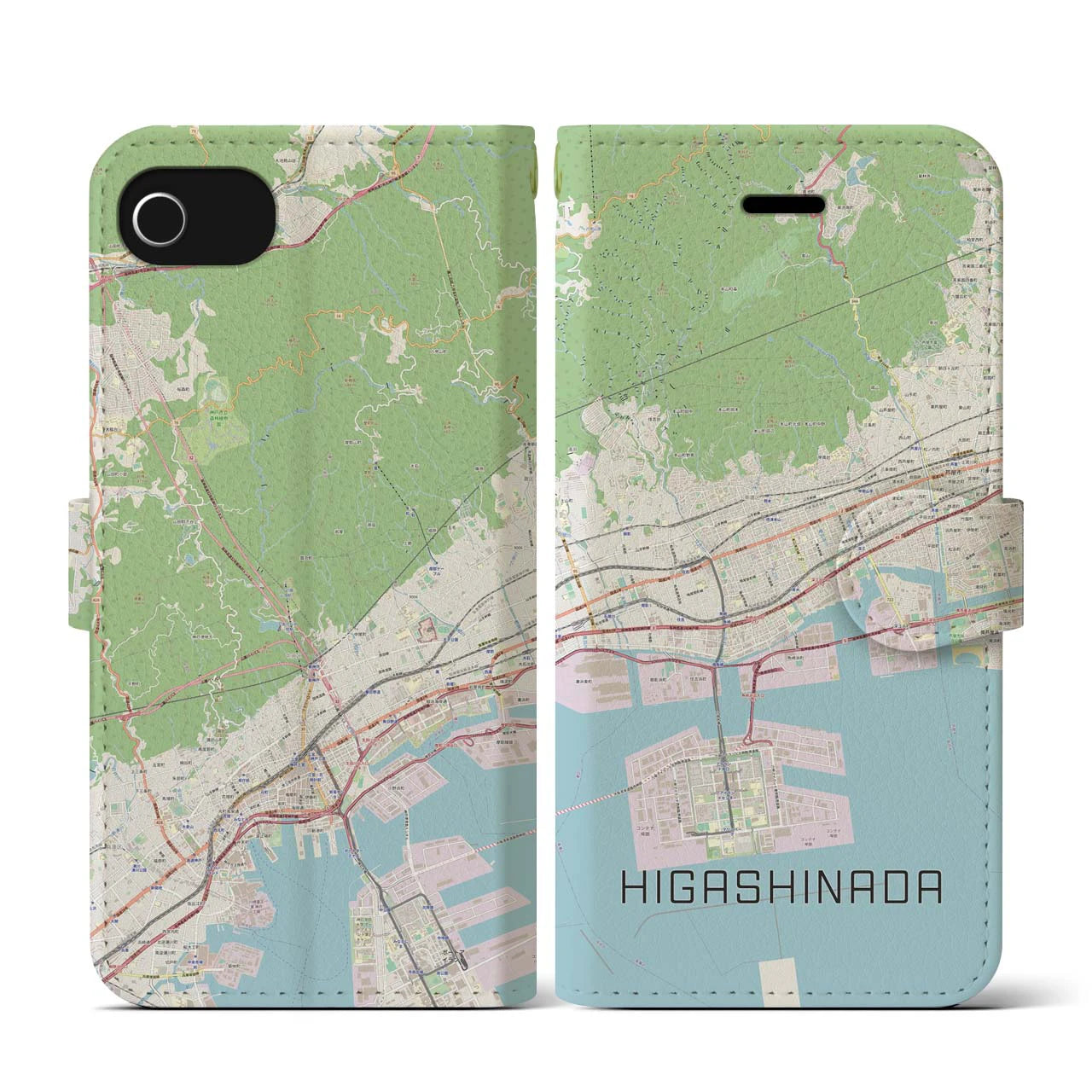 【東灘(兵庫県)】地図柄iPhoneケース(手帳タイプ)ナチュラル・iPhone SE(第3 / 第2世代) / 8 / 7 / 6s / 6 用