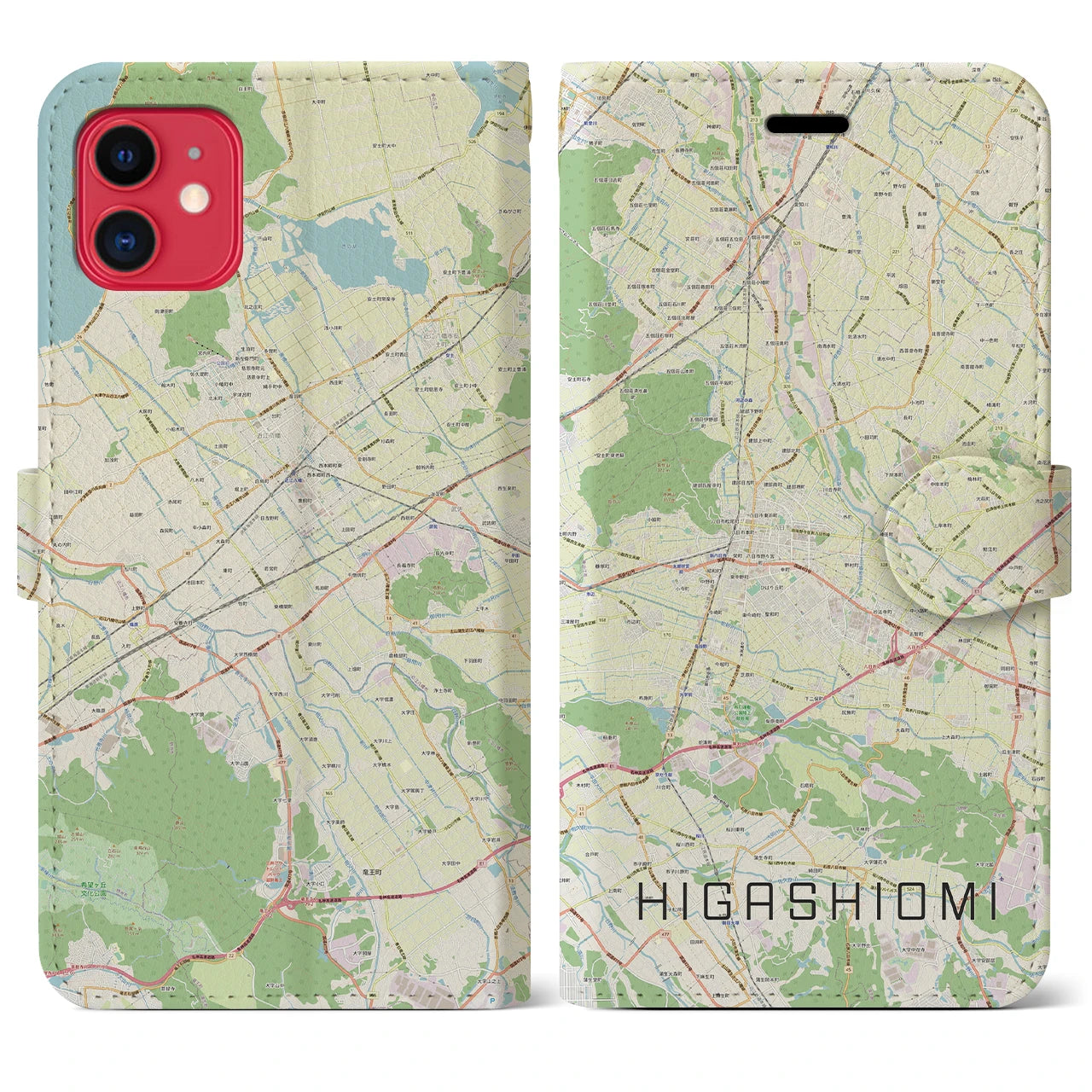 【東近江(滋賀県)】地図柄iPhoneケース(手帳タイプ)ナチュラル・iPhone 11 用
