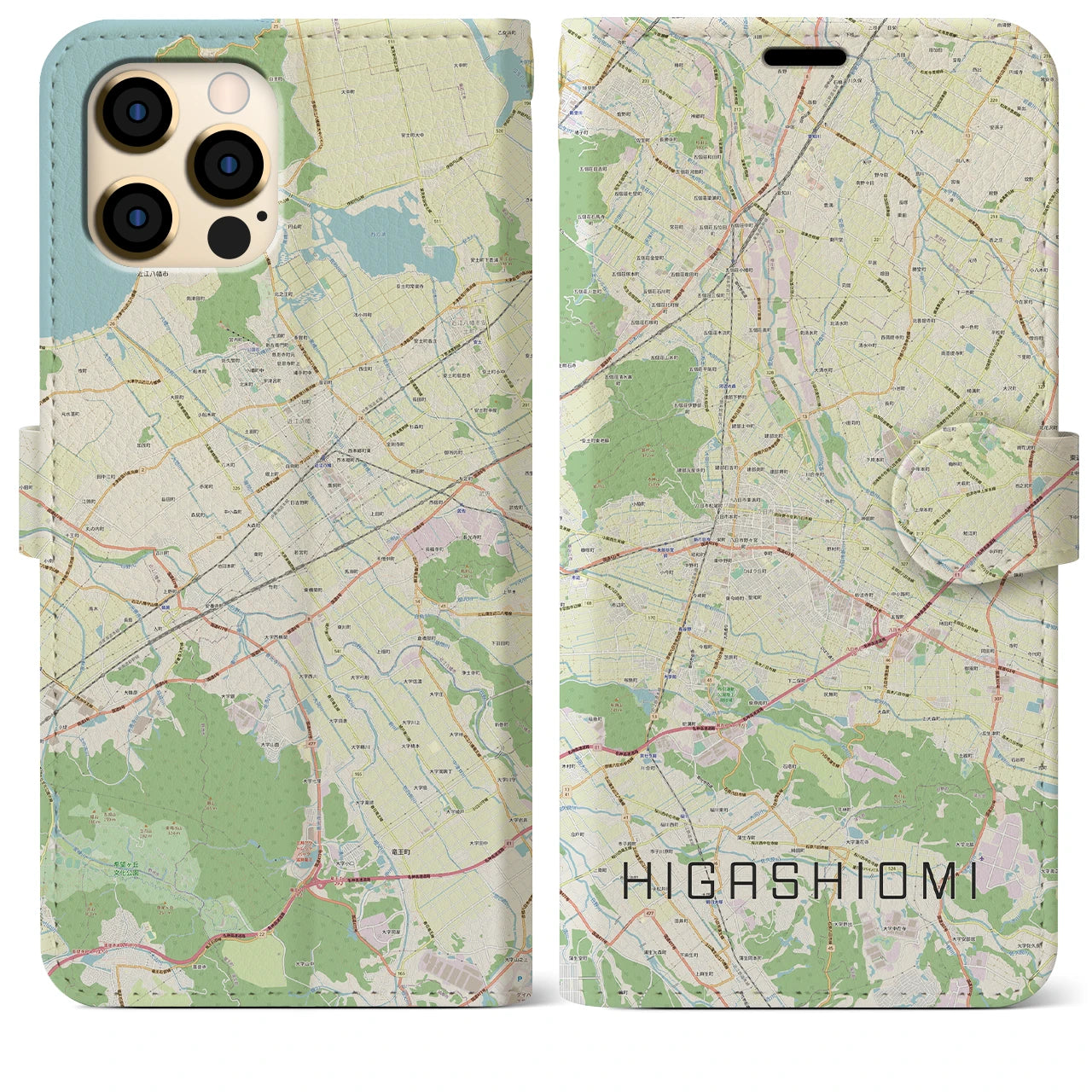 【東近江(滋賀県)】地図柄iPhoneケース(手帳タイプ)ナチュラル・iPhone 12 Pro Max 用