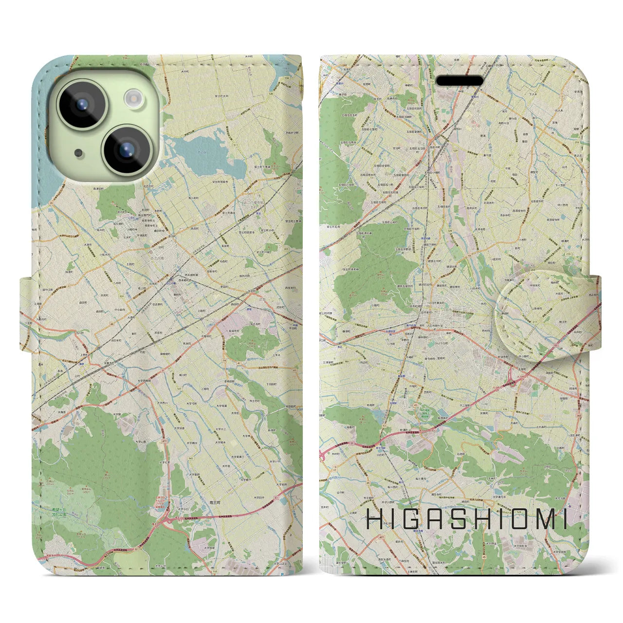 【東近江(滋賀県)】地図柄iPhoneケース(手帳タイプ)ナチュラル・iPhone 15 用