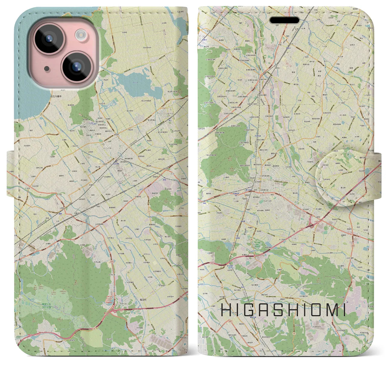 【東近江(滋賀県)】地図柄iPhoneケース(手帳タイプ)ナチュラル・iPhone 15 Plus 用