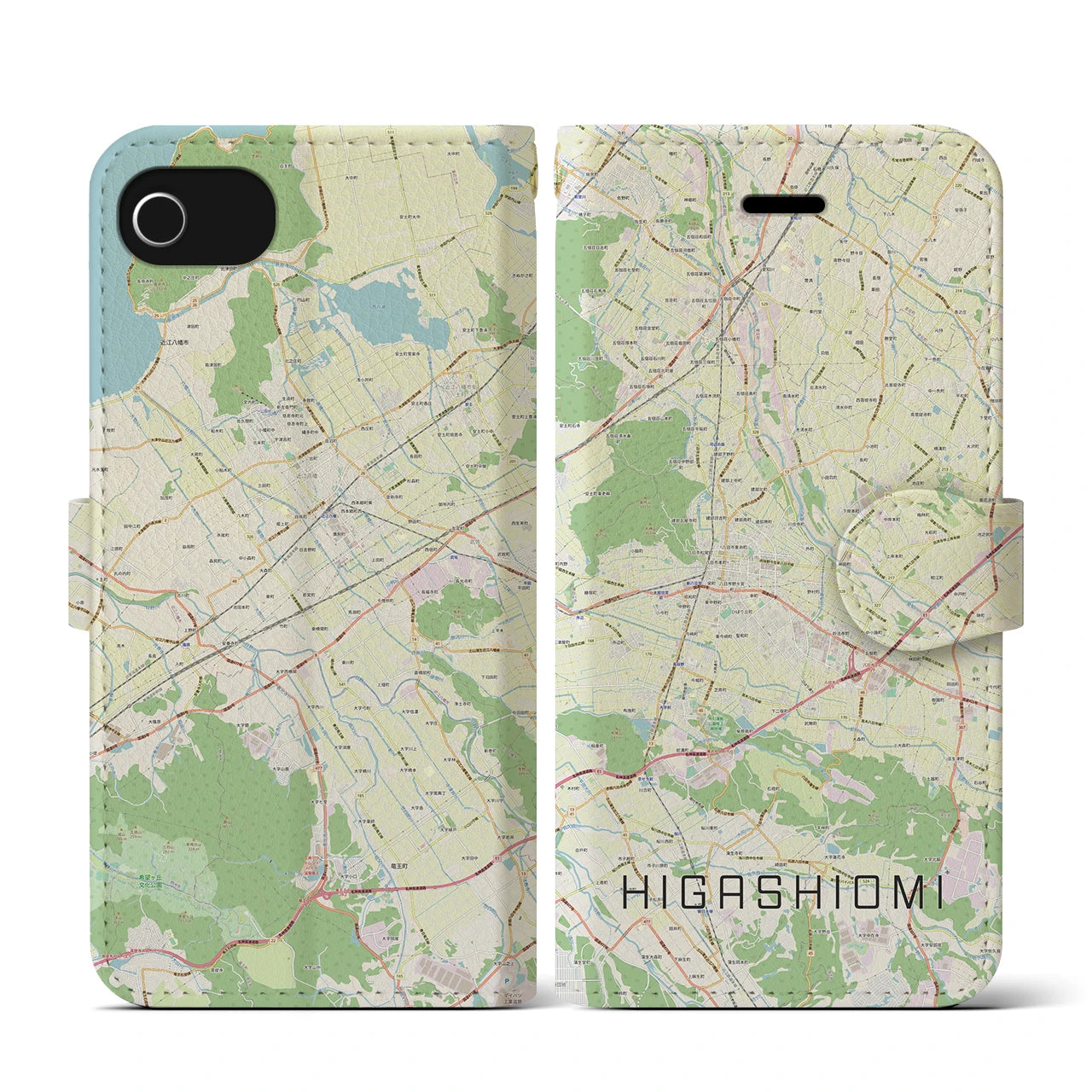 【東近江(滋賀県)】地図柄iPhoneケース(手帳タイプ)ナチュラル・iPhone SE(第3 / 第2世代) / 8 / 7 / 6s / 6 用