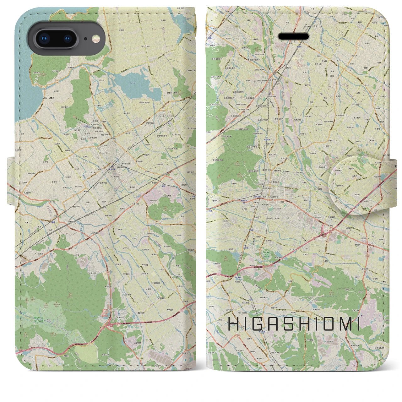 【東近江(滋賀県)】地図柄iPhoneケース(手帳タイプ)ナチュラル・iPhone 8Plus /7Plus / 6sPlus / 6Plus 用