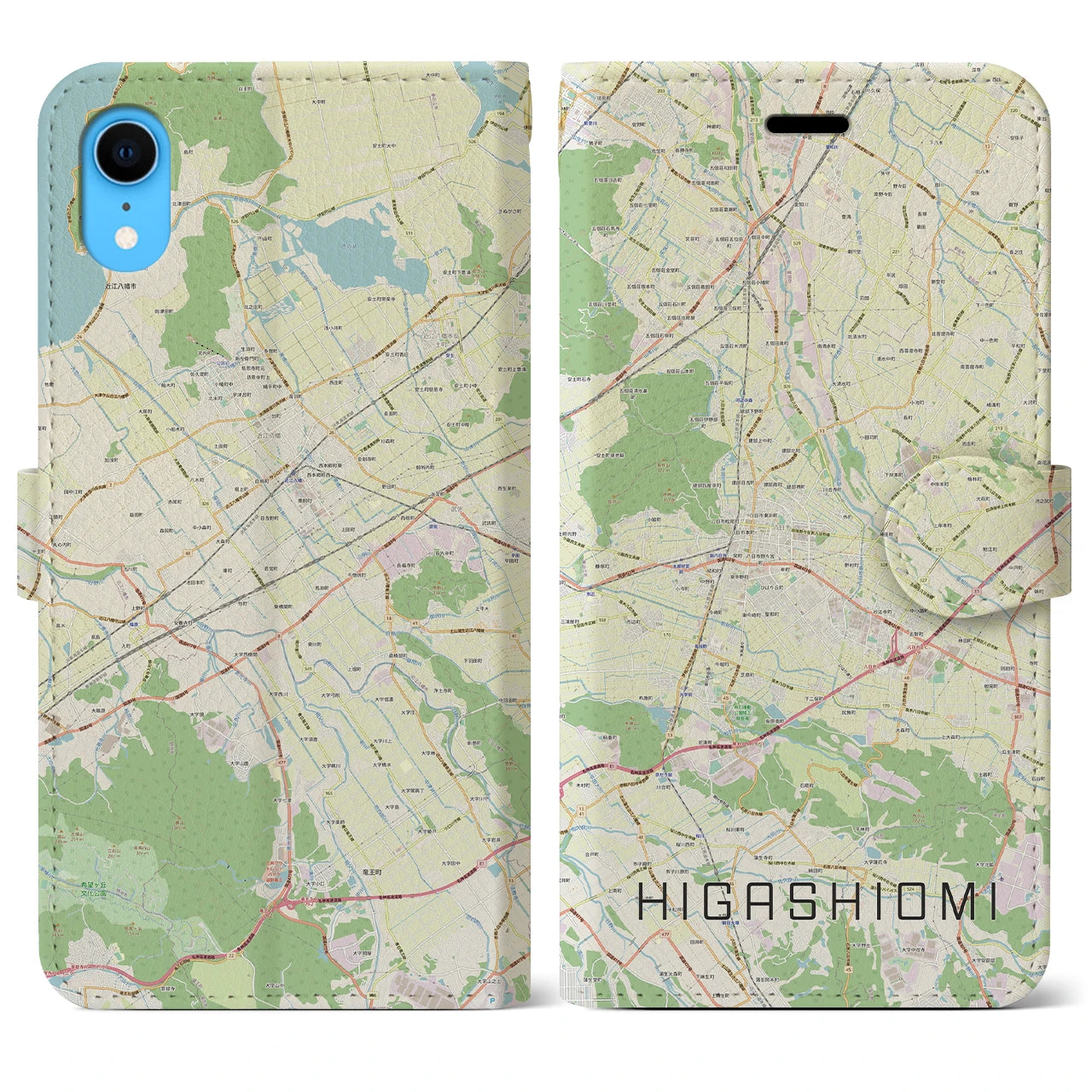 【東近江(滋賀県)】地図柄iPhoneケース(手帳タイプ)ナチュラル・iPhone XR 用