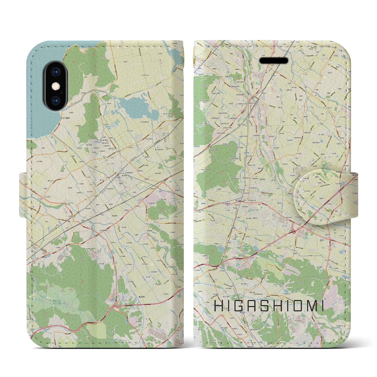 【東近江(滋賀県)】地図柄iPhoneケース(手帳タイプ)ナチュラル・iPhone XS / X 用