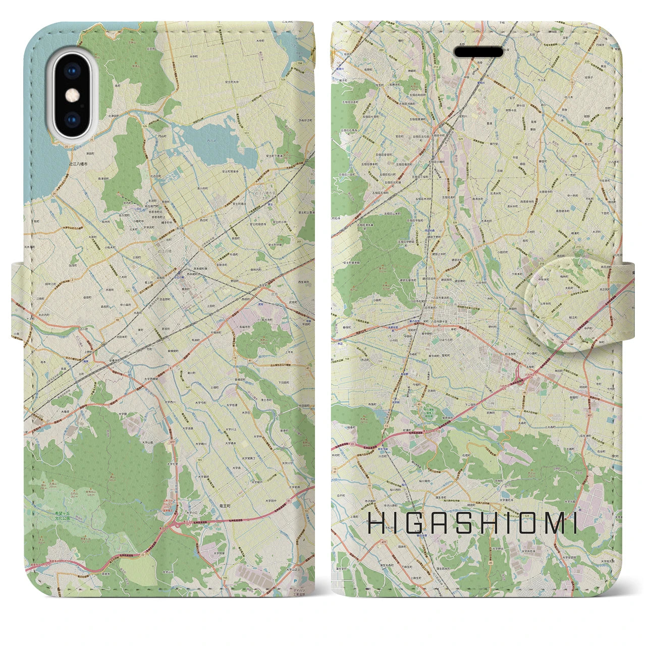 【東近江(滋賀県)】地図柄iPhoneケース(手帳タイプ)ナチュラル・iPhone XS Max 用