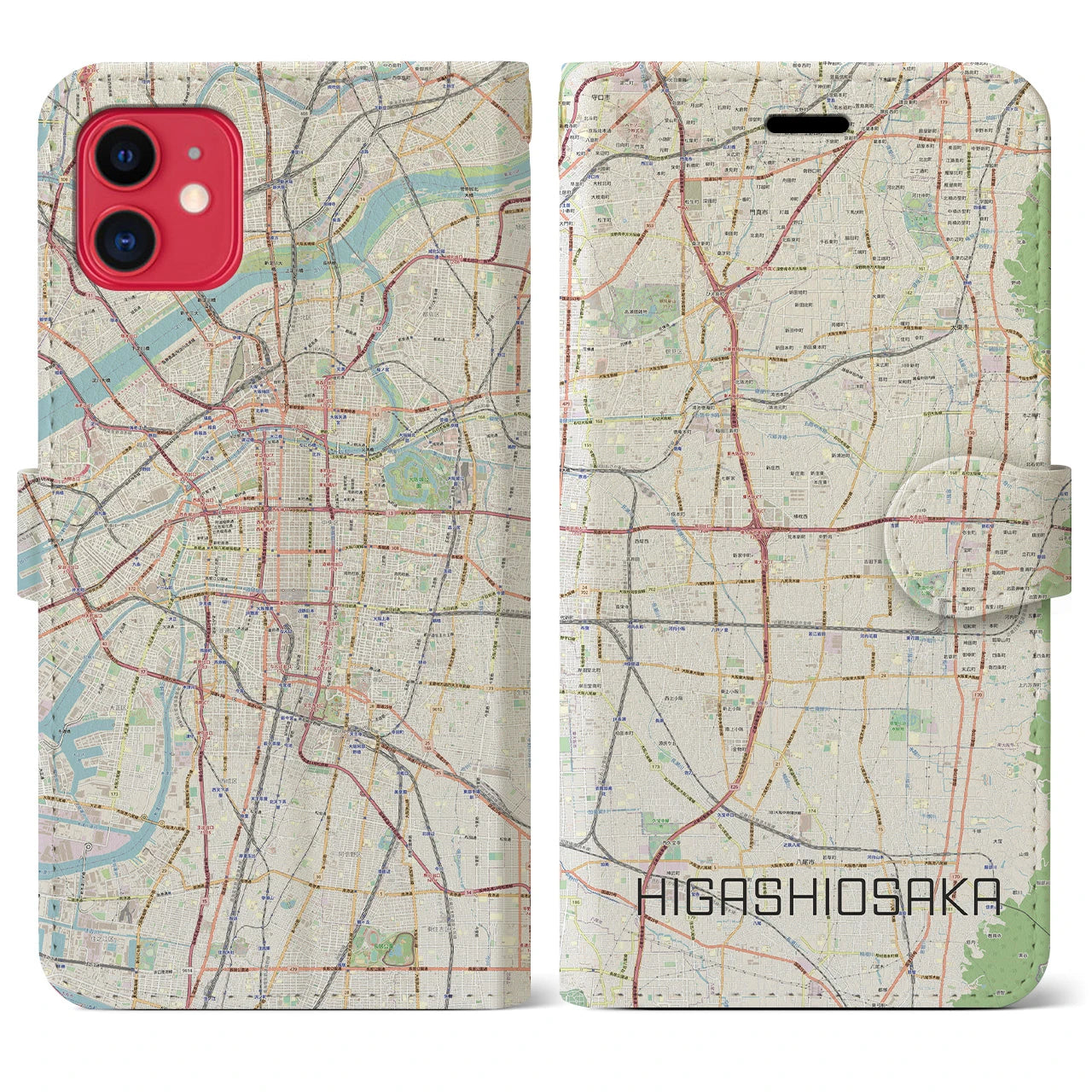 【東大阪(大阪府)】地図柄iPhoneケース(手帳タイプ)ナチュラル・iPhone 11 用
