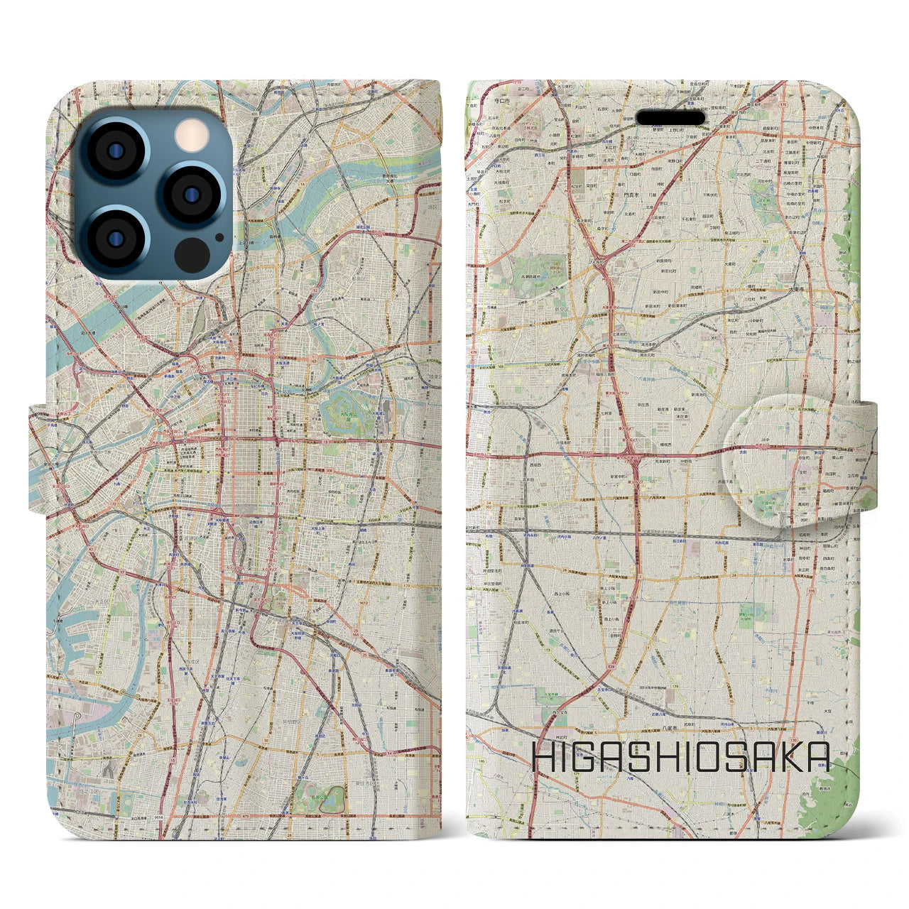 【東大阪(大阪府)】地図柄iPhoneケース(手帳タイプ)ナチュラル・iPhone 12 / 12 Pro 用