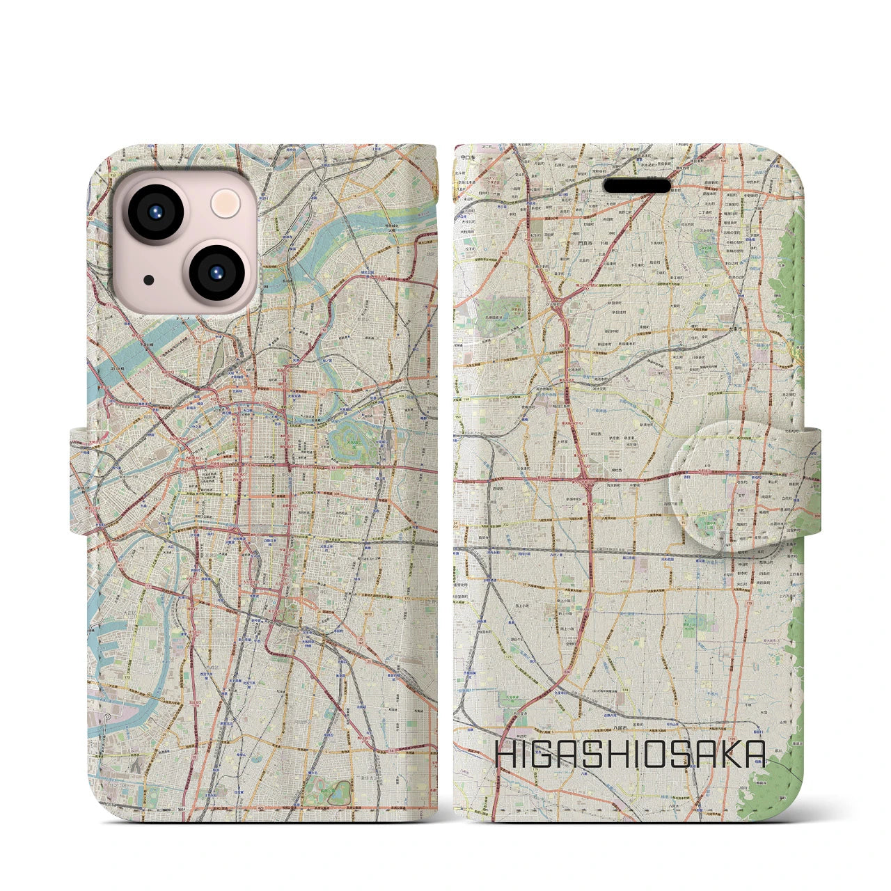 【東大阪(大阪府)】地図柄iPhoneケース(手帳タイプ)ナチュラル・iPhone 13 mini 用