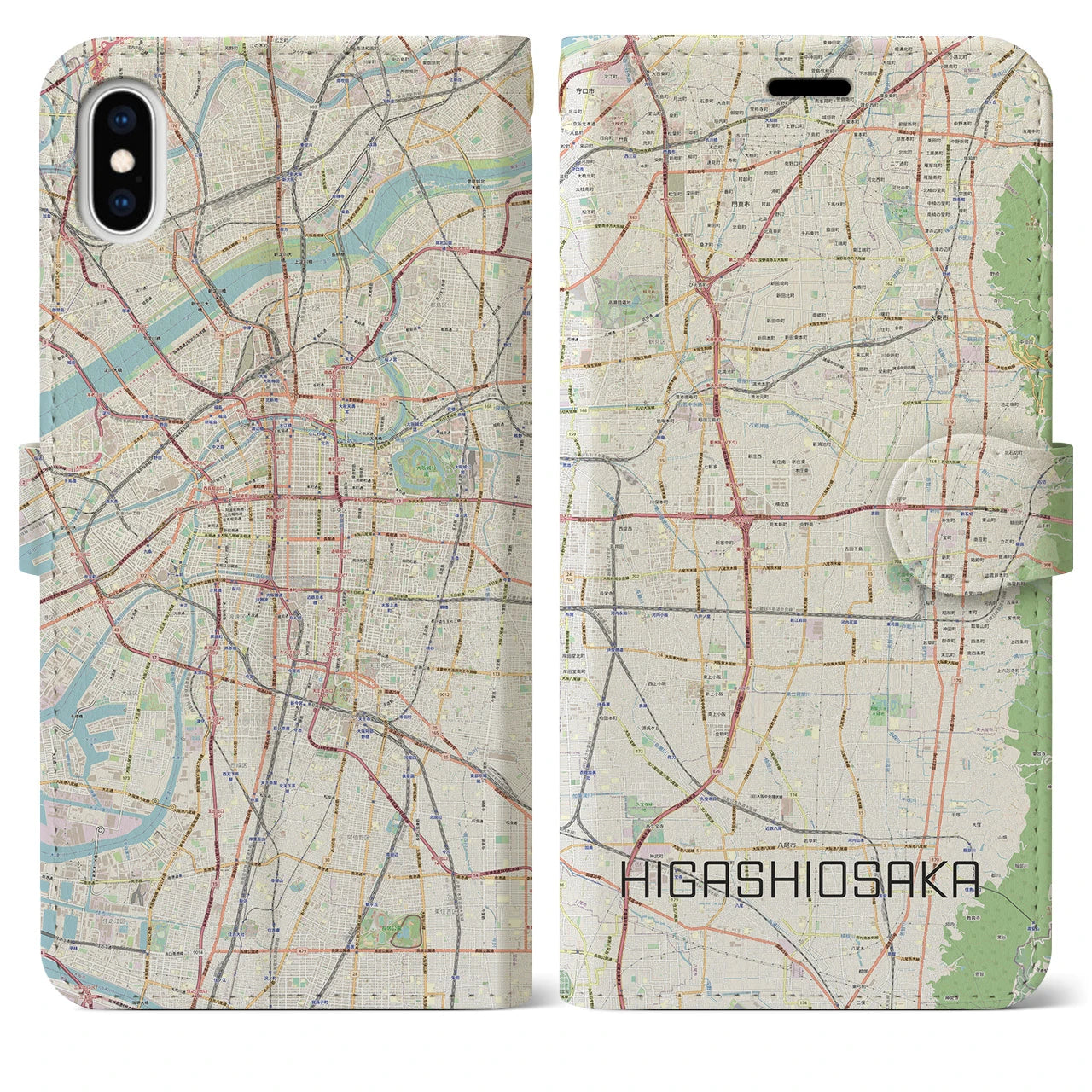 【東大阪(大阪府)】地図柄iPhoneケース(手帳タイプ)ナチュラル・iPhone XS Max 用