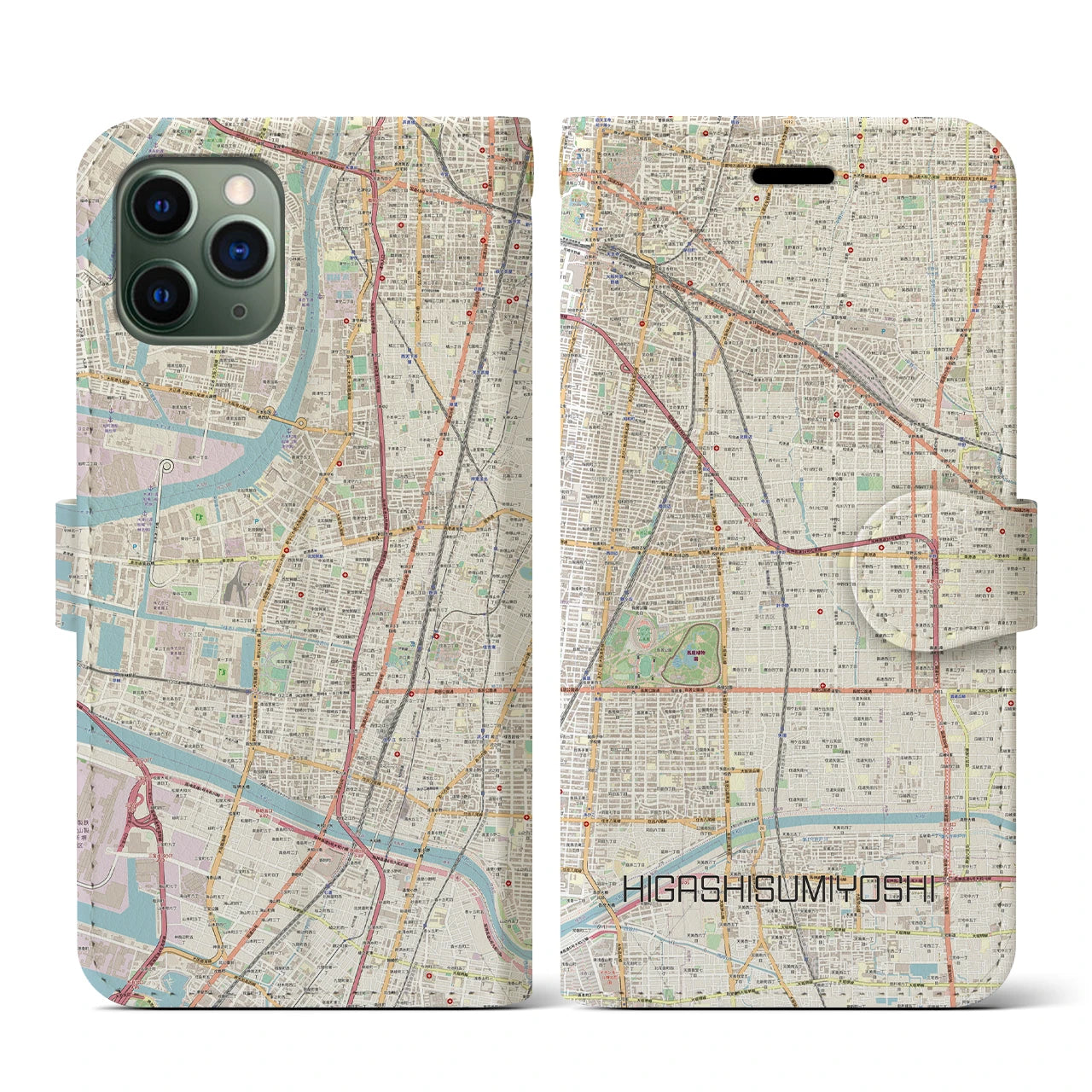 【東住吉(大阪府)】地図柄iPhoneケース(手帳タイプ)ナチュラル・iPhone 11 Pro 用