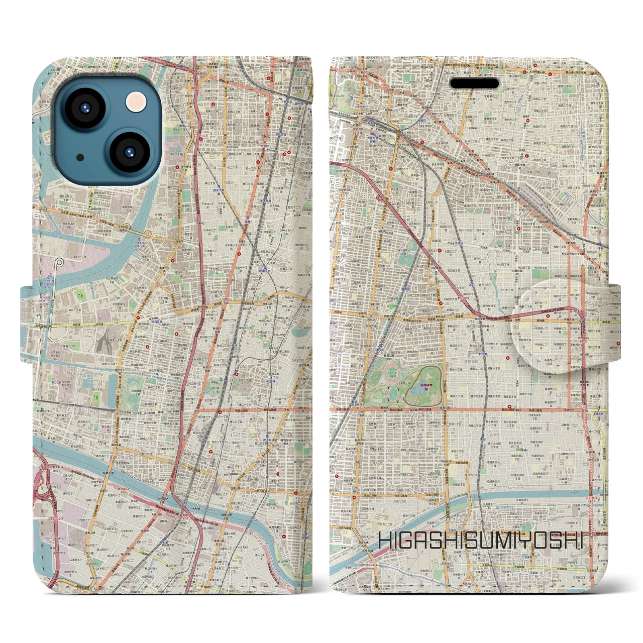 【東住吉(大阪府)】地図柄iPhoneケース(手帳タイプ)ナチュラル・iPhone 13 用