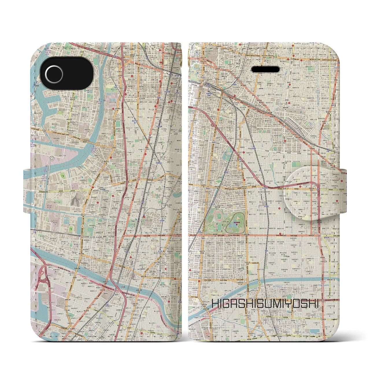 【東住吉(大阪府)】地図柄iPhoneケース(手帳タイプ)ナチュラル・iPhone SE(第3 / 第2世代) / 8 / 7 / 6s / 6 用