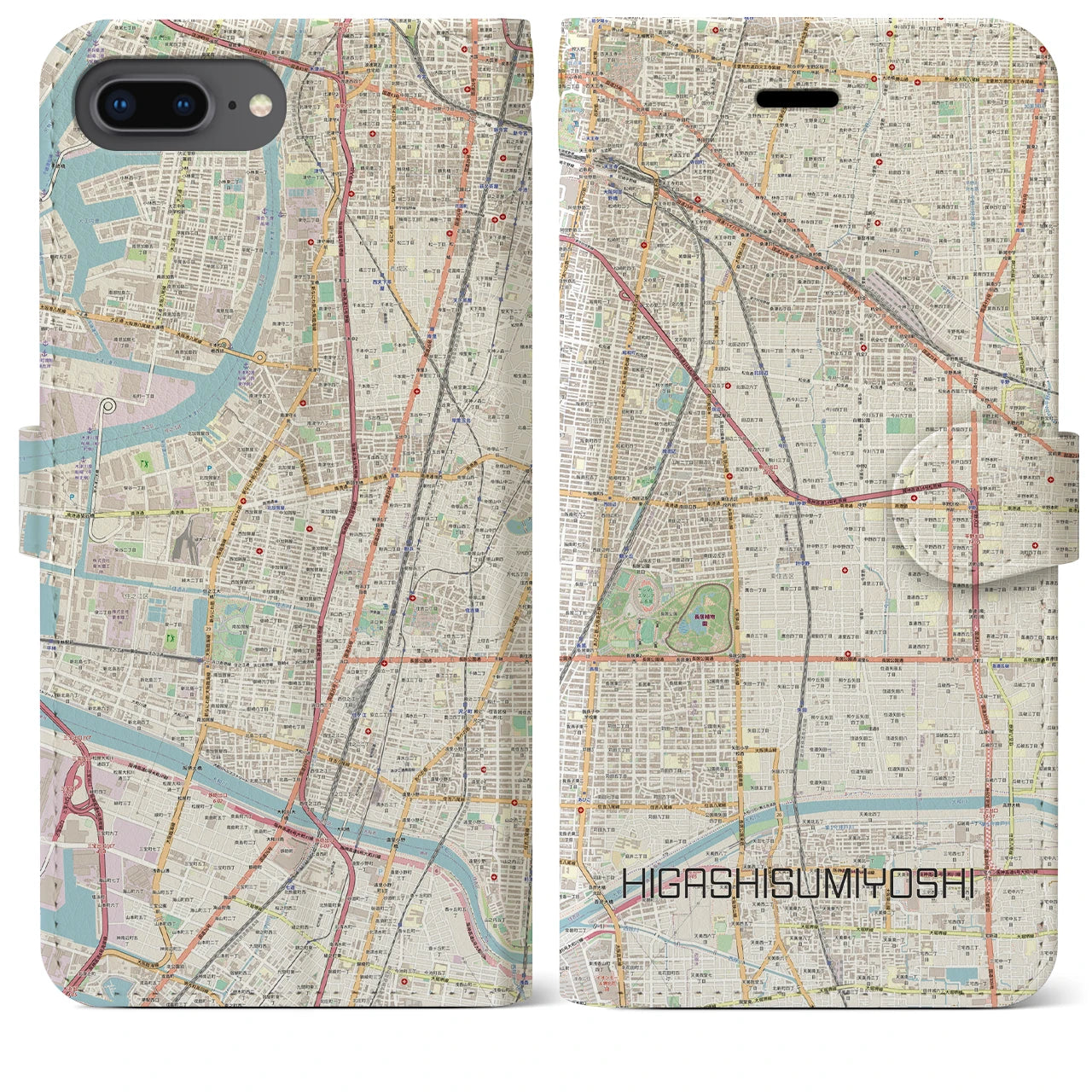 【東住吉(大阪府)】地図柄iPhoneケース(手帳タイプ)ナチュラル・iPhone 8Plus /7Plus / 6sPlus / 6Plus 用