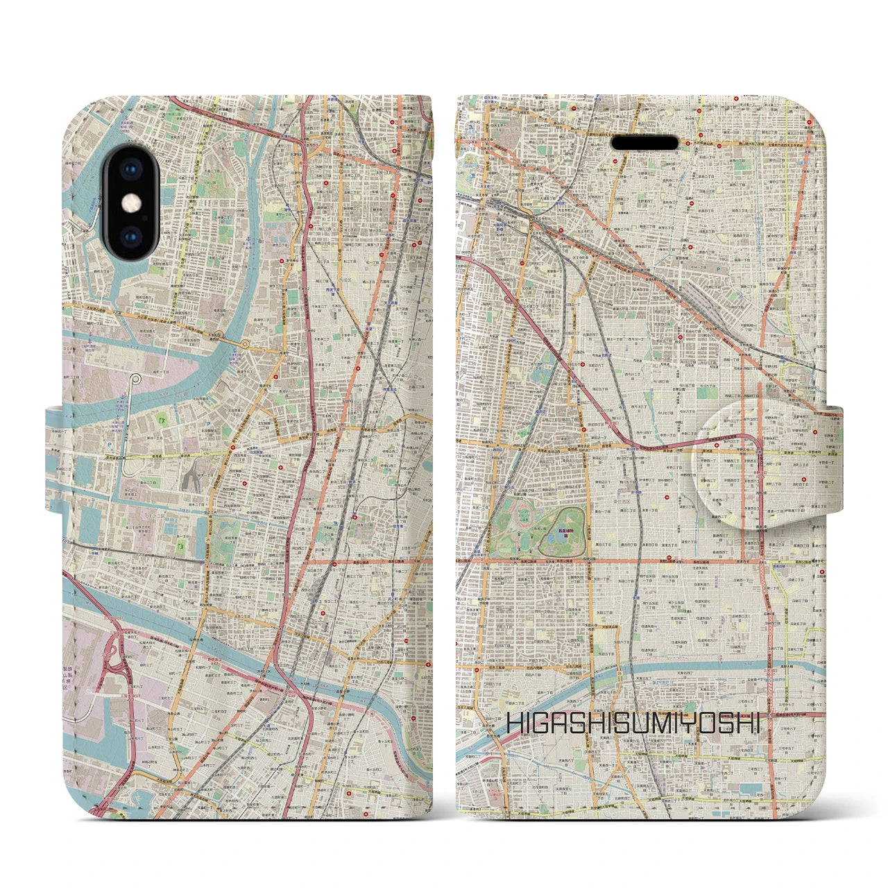 【東住吉(大阪府)】地図柄iPhoneケース(手帳タイプ)ナチュラル・iPhone XS / X 用