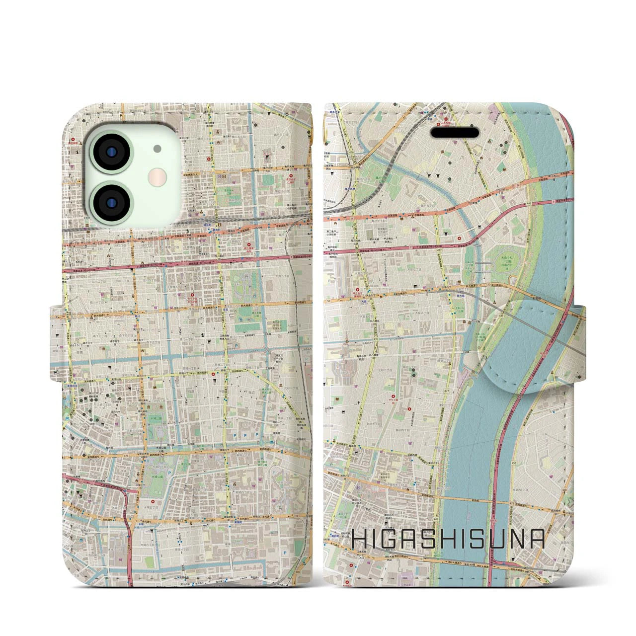 【東砂(東京都)】地図柄iPhoneケース(手帳タイプ)ナチュラル・iPhone 12 mini 用