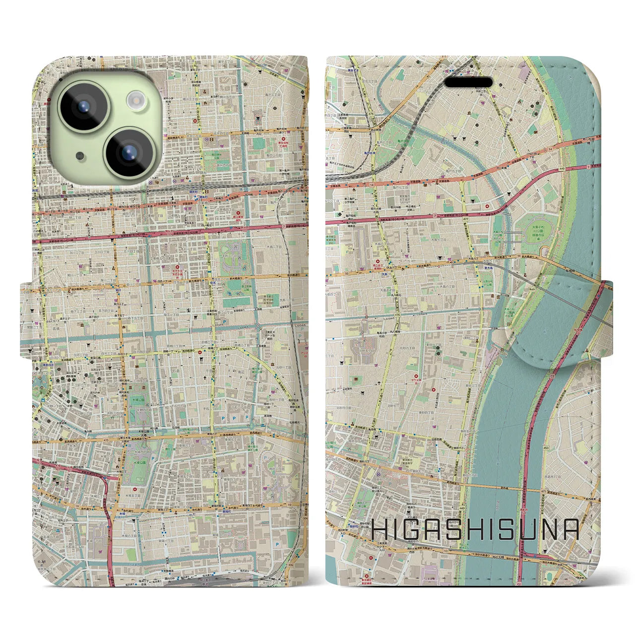 【東砂(東京都)】地図柄iPhoneケース(手帳タイプ)ナチュラル・iPhone 15 用