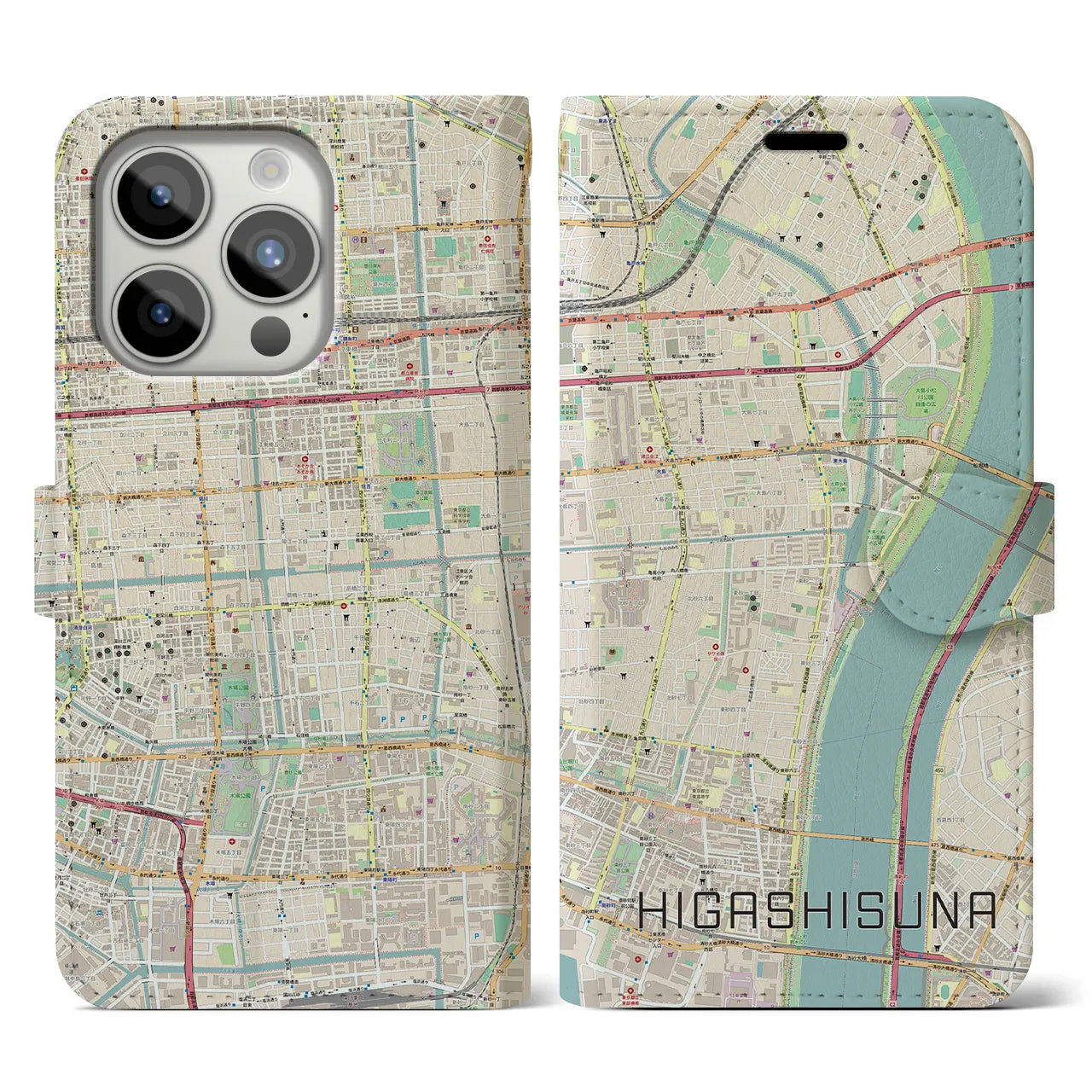 【東砂(東京都)】地図柄iPhoneケース(手帳タイプ)ナチュラル・iPhone 15 Pro 用