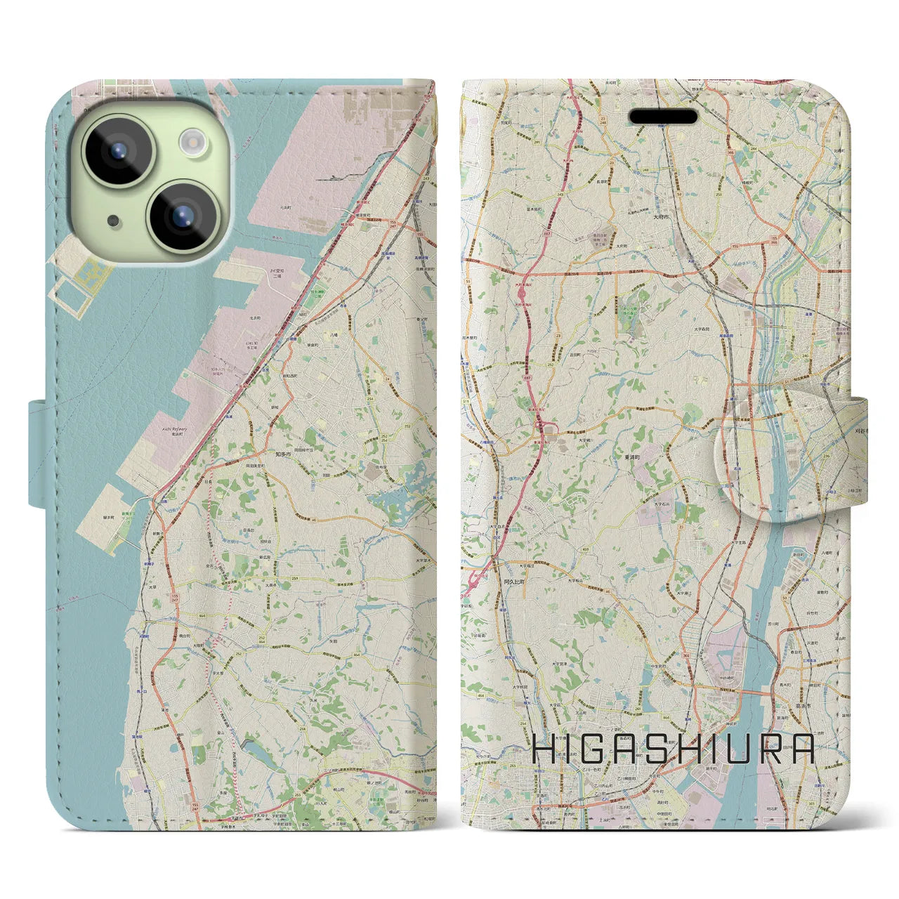 【東浦(愛知県)】地図柄iPhoneケース(手帳タイプ)ナチュラル・iPhone 15 用