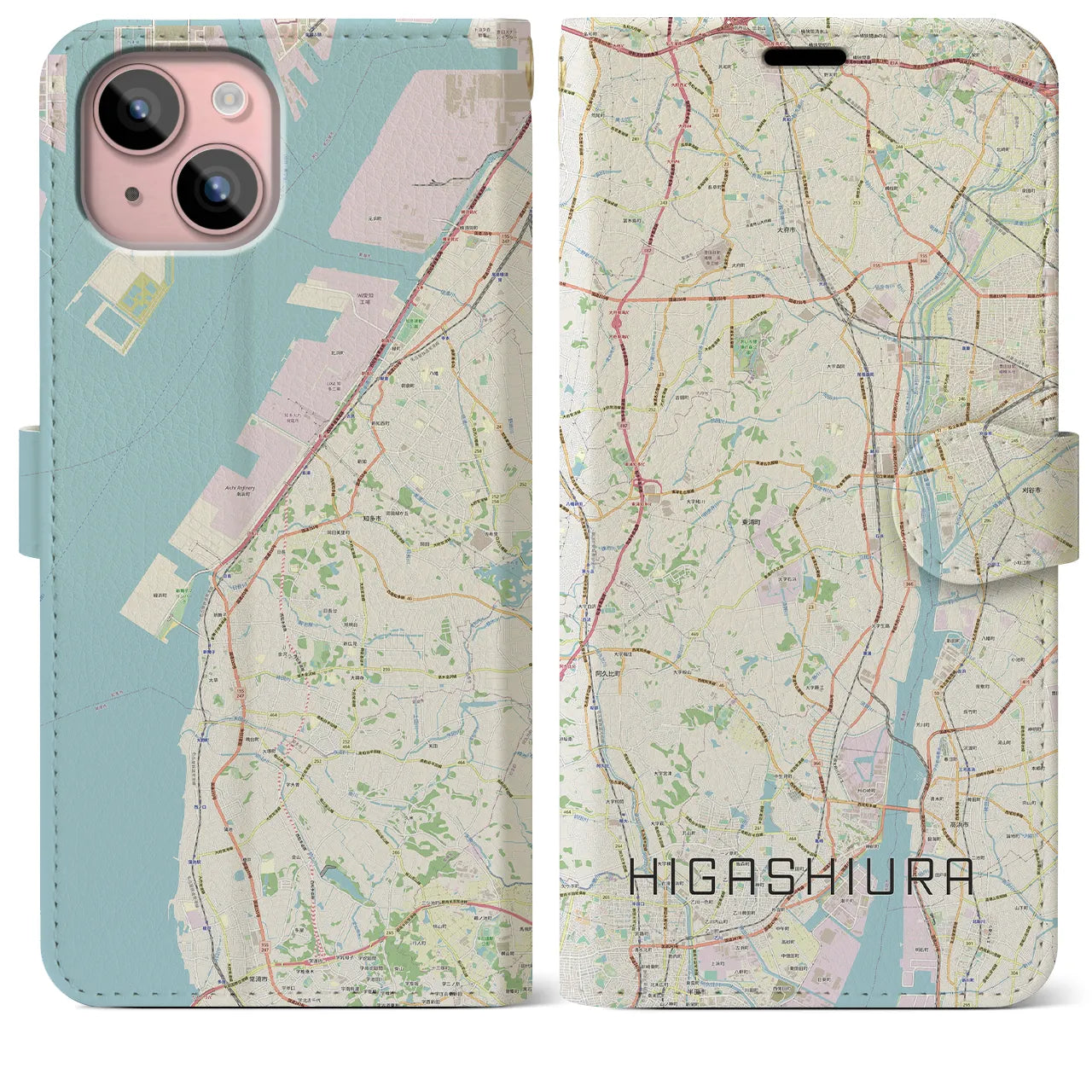 【東浦(愛知県)】地図柄iPhoneケース(手帳タイプ)ナチュラル・iPhone 15 Plus 用
