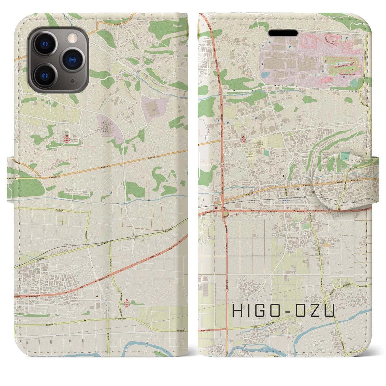 【肥後大津(熊本県)】地図柄iPhoneケース(手帳タイプ)ナチュラル・iPhone 11 Pro Max 用