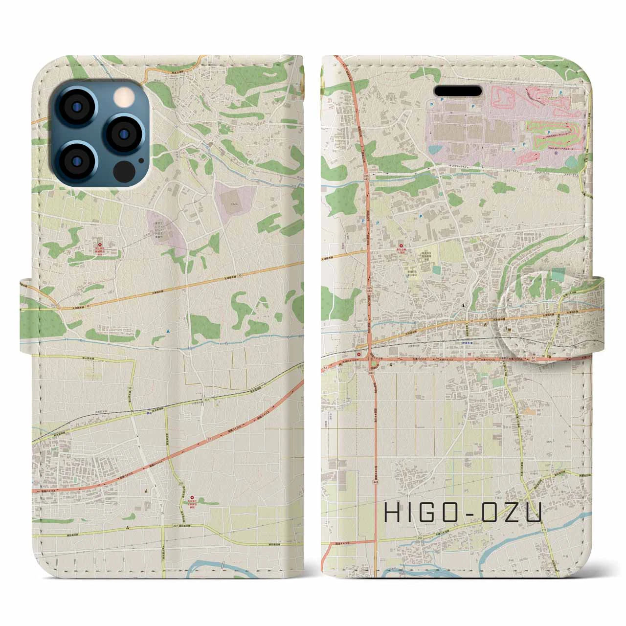 【肥後大津(熊本県)】地図柄iPhoneケース(手帳タイプ)ナチュラル・iPhone 12 / 12 Pro 用